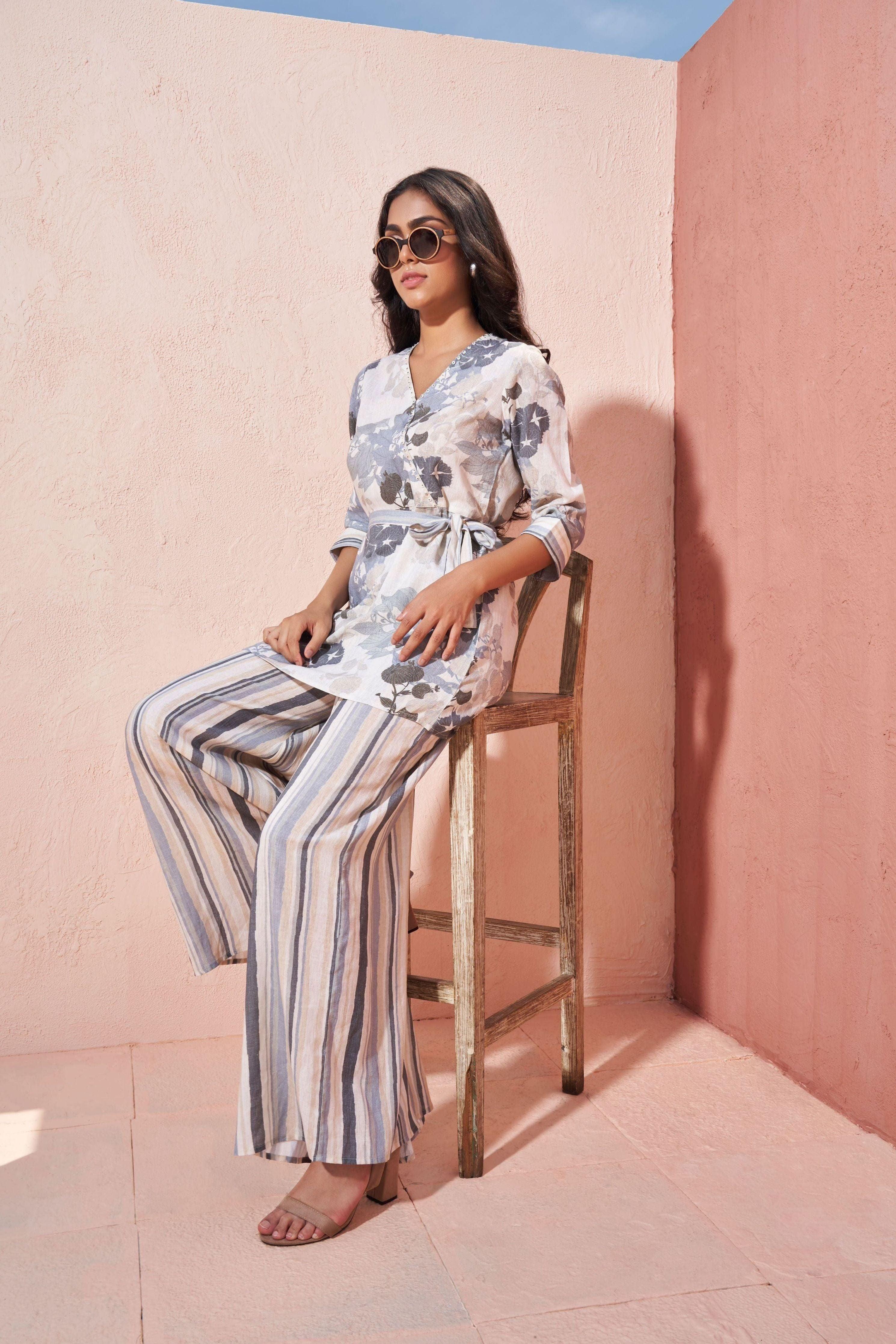 Serene Striped Floral Co-ord Set Mokshaa