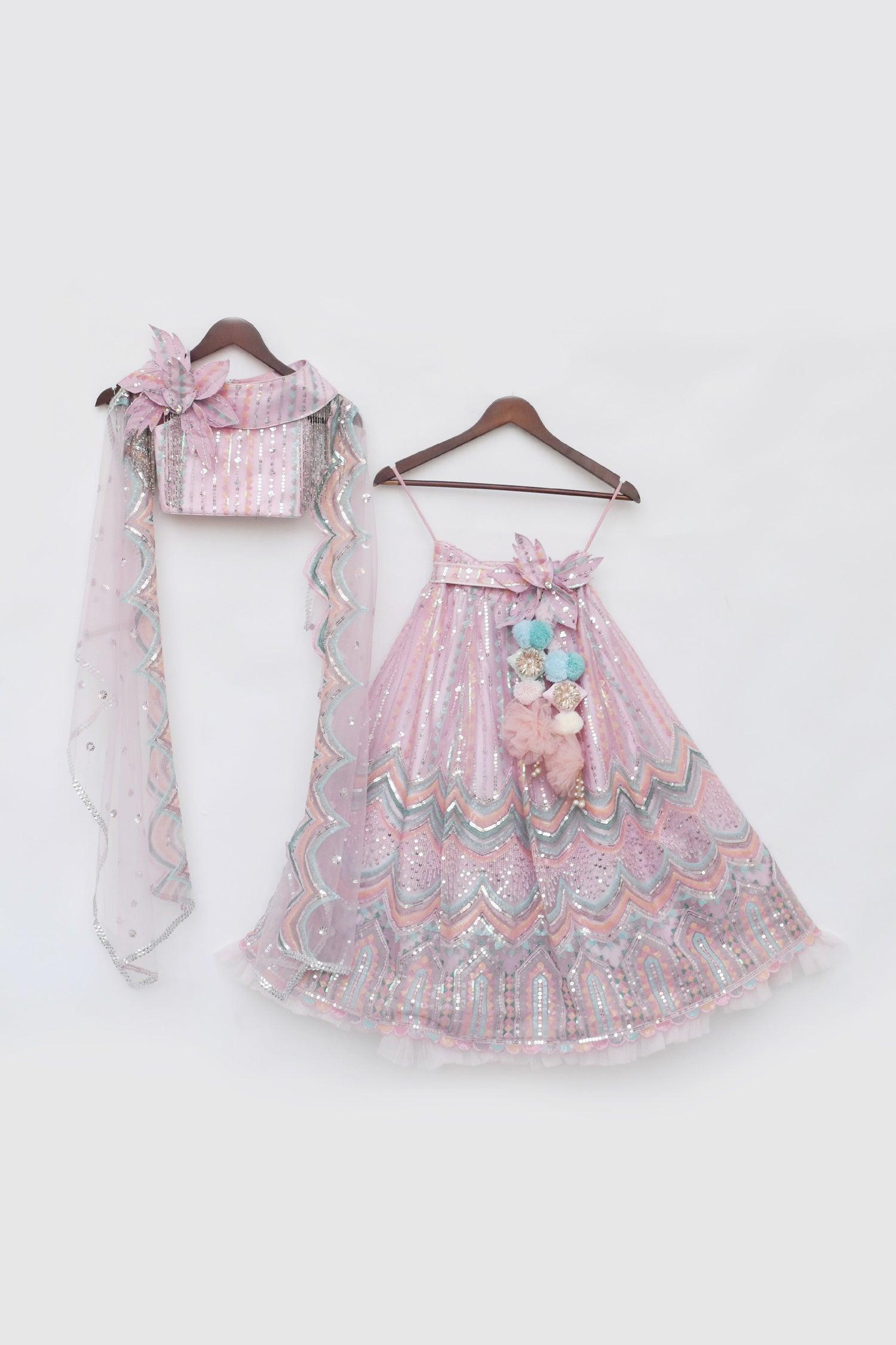 Pink Sequence Embroidery Crop Top Skirt - Mokshaa