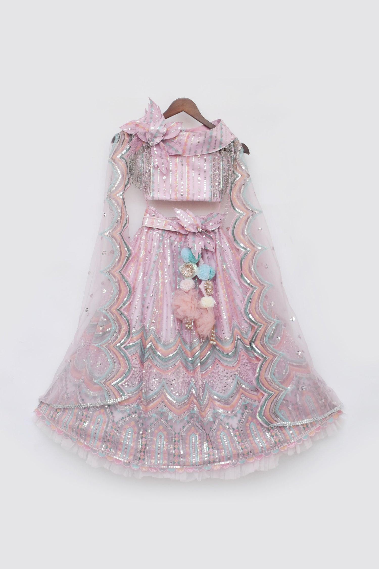 Pink Sequence Embroidery Crop Top Skirt - Mokshaa