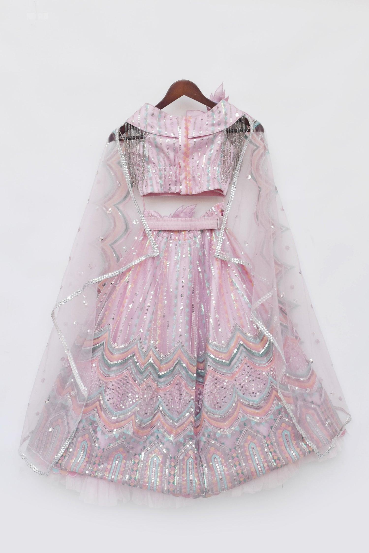 Pink Sequence Embroidery Crop Top Skirt - Mokshaa