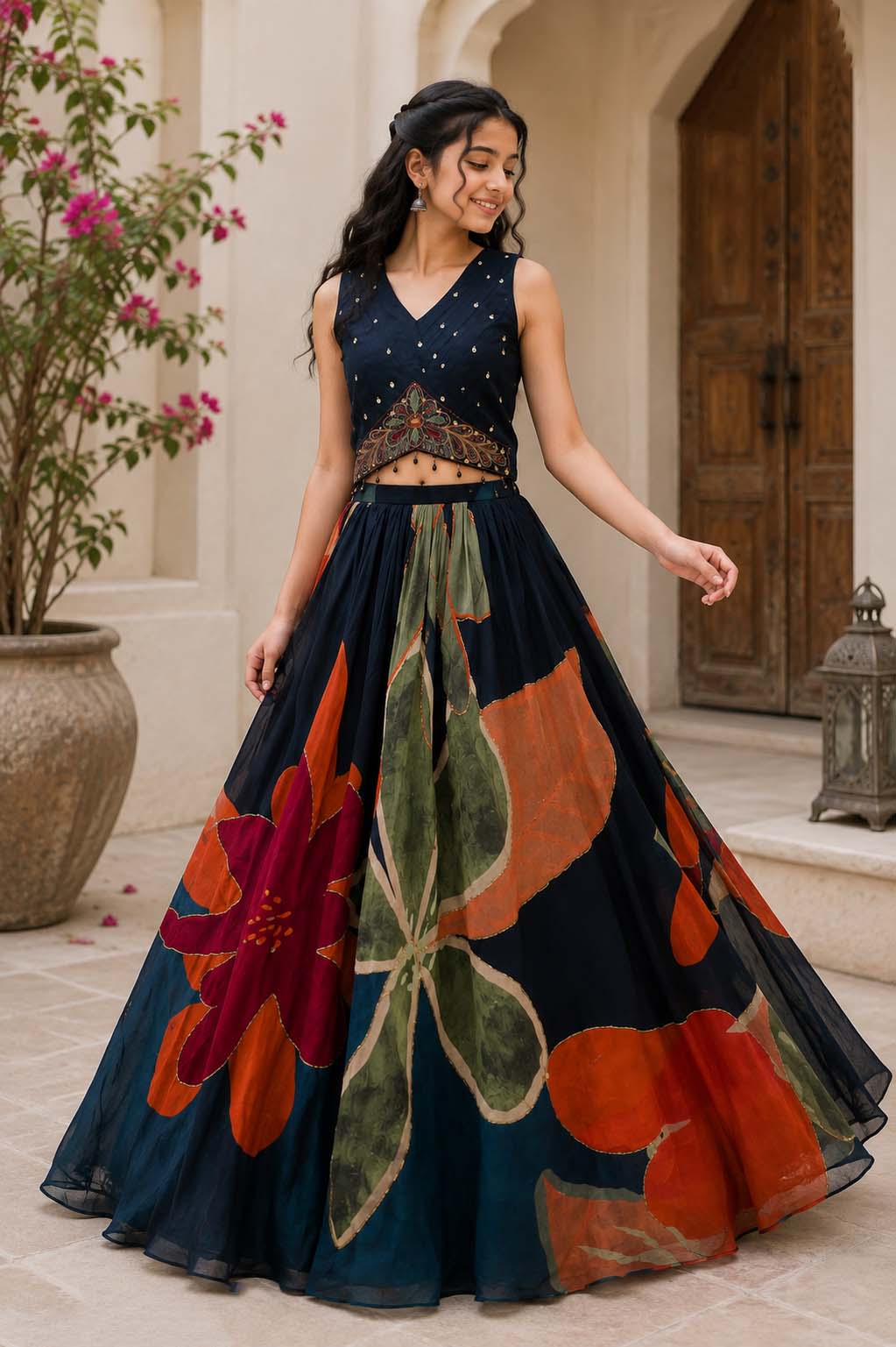 Navy Blue Multicolour Floral Printed Lehenga Set