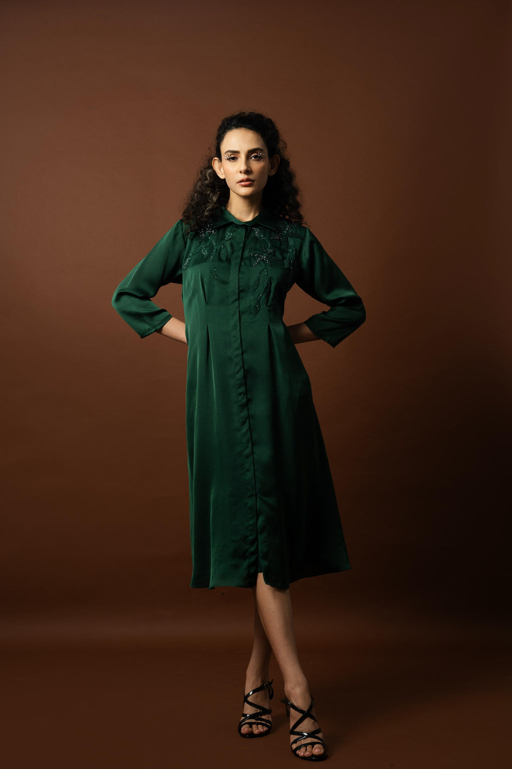 Emerald Green Shirt Dress with Tonal Embellishments