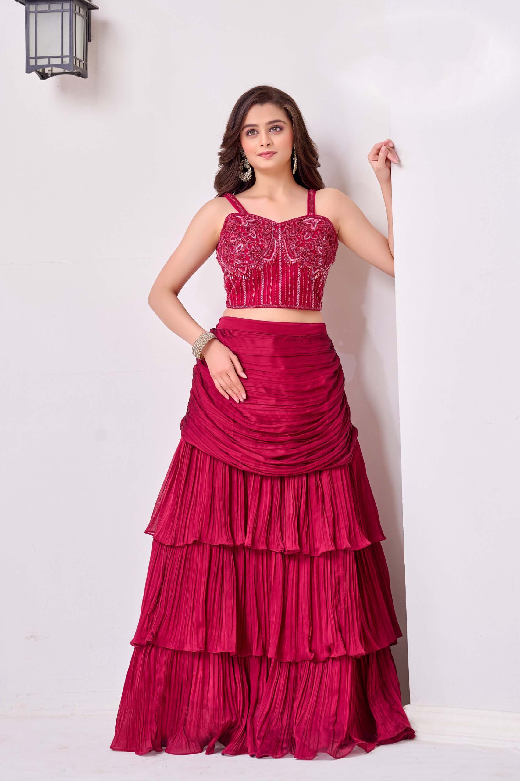 Deep Red Embroidered Ruffle Lehenga Set