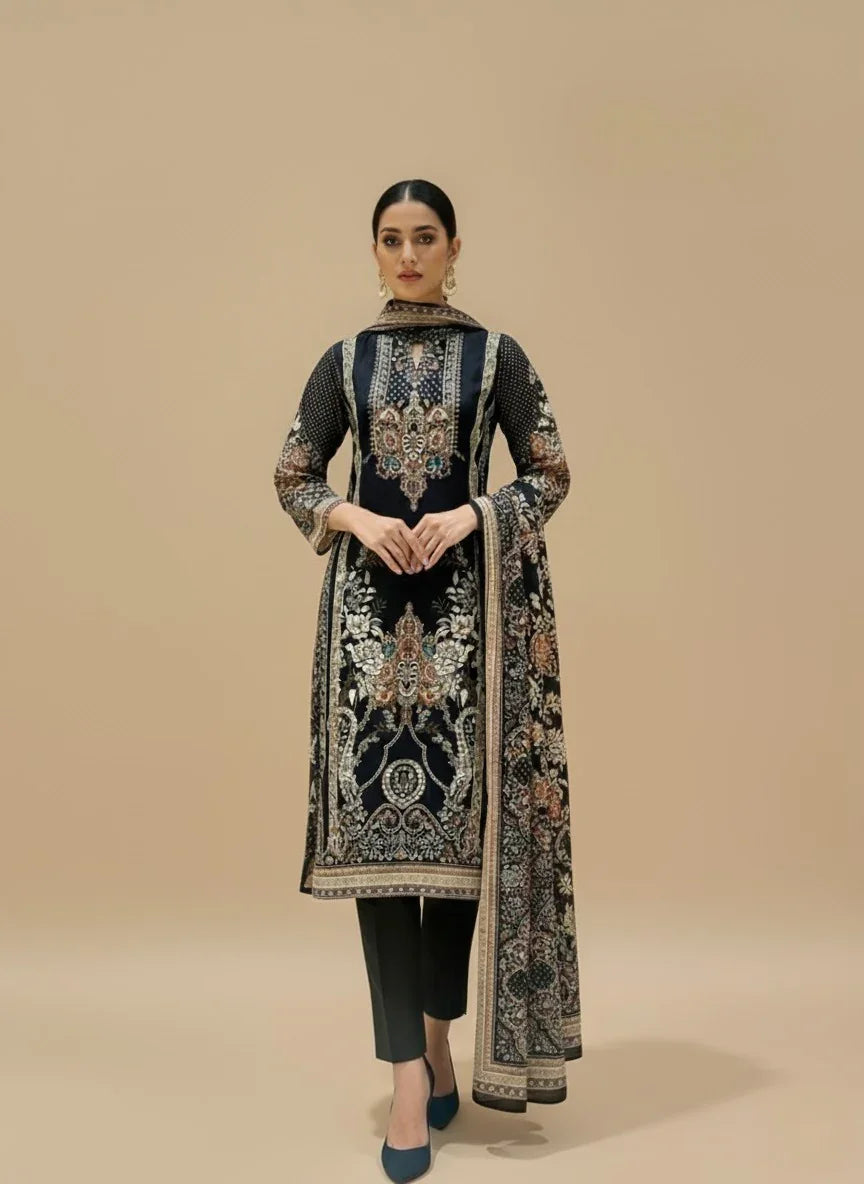 Black Muslin Kurta Set with Ornate Printed Panels & Dupatta | Mokshaa
