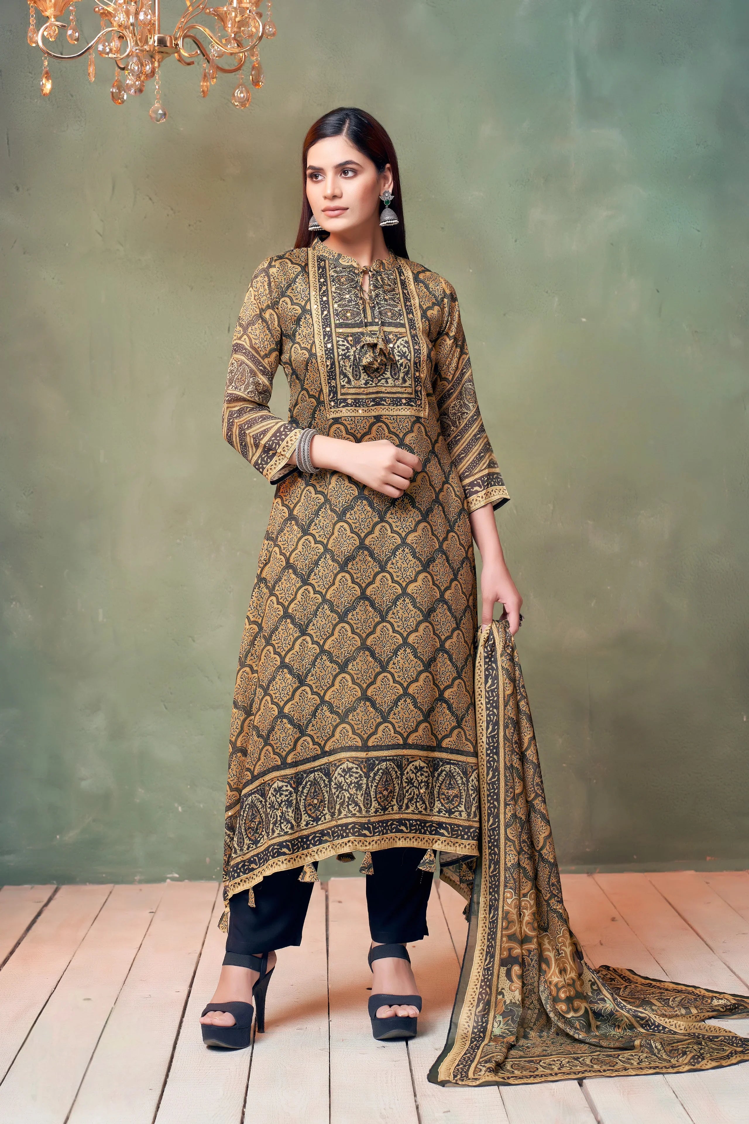 Mustard & Black Printed Muslin Kurta Set with Matching Dupatta | Mokshaa