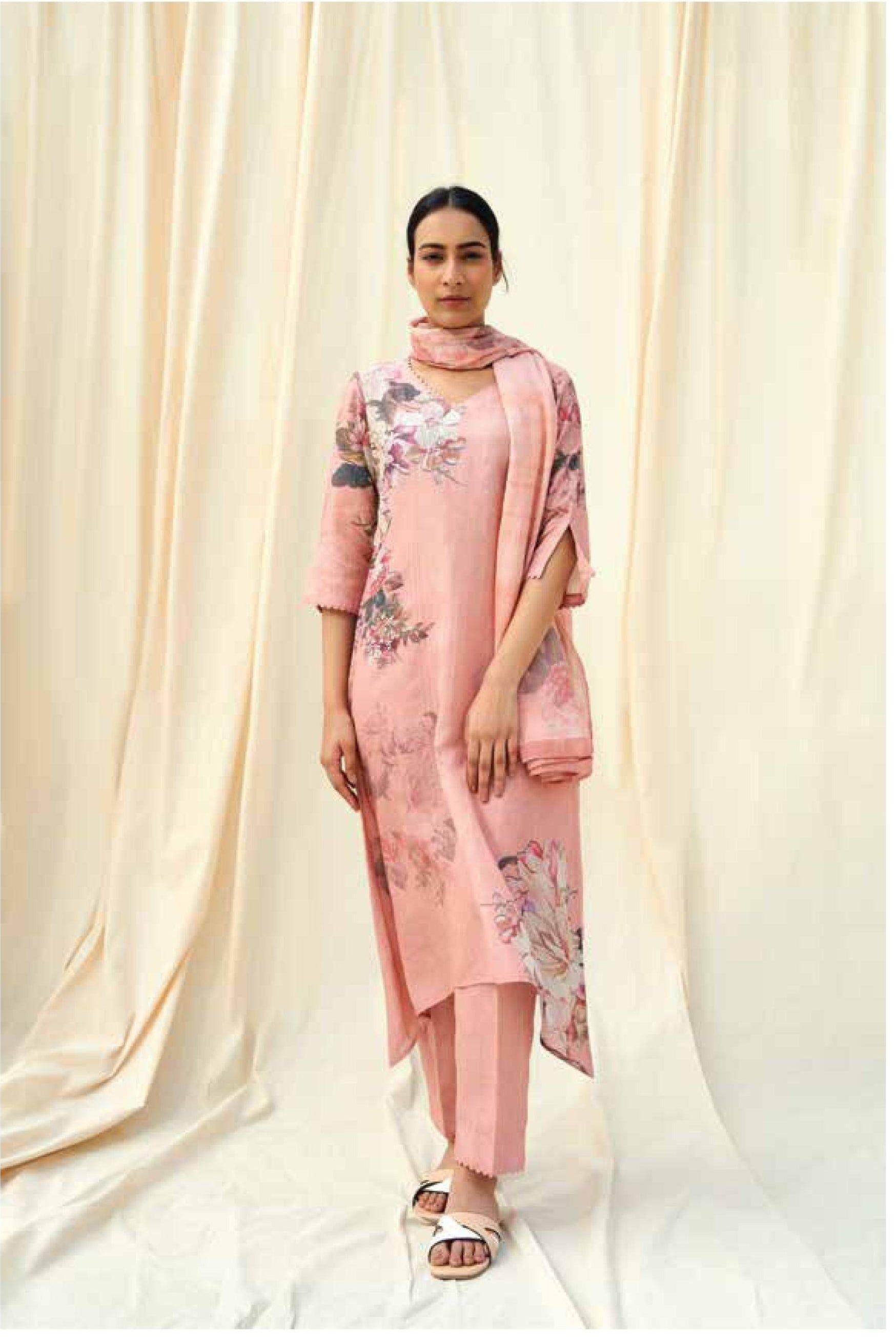 Blush Pink Floral Printed Linen Kurta Set Mokshaa