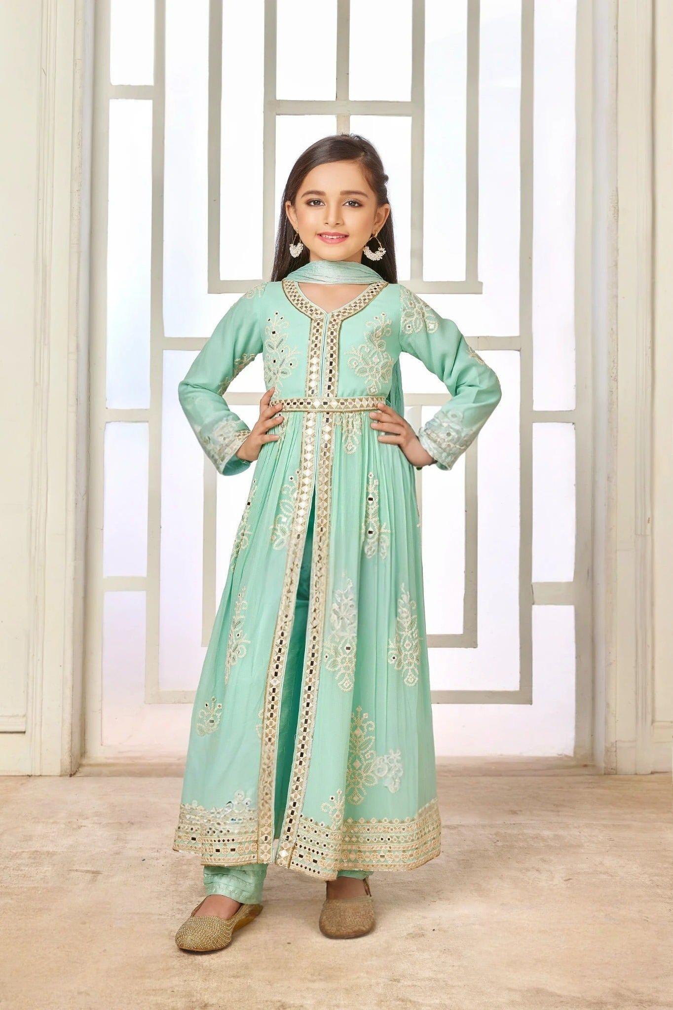 Sea Green Mirror Work Anarkali for Kids - Mokshaa