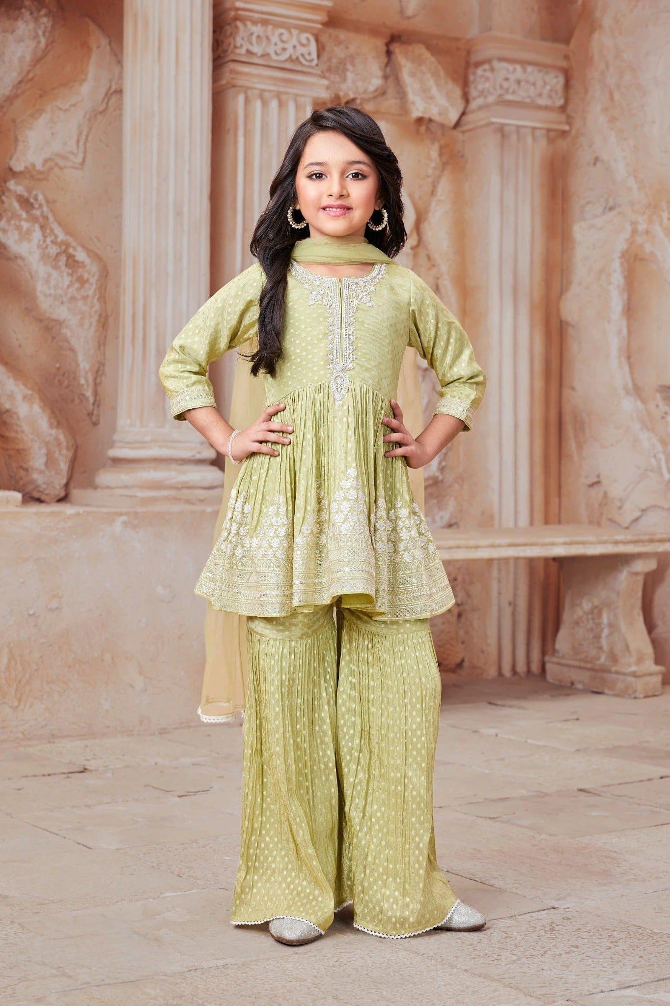 Light Green Embroidered Sharara Set with Peplum Kurta Mokshaa