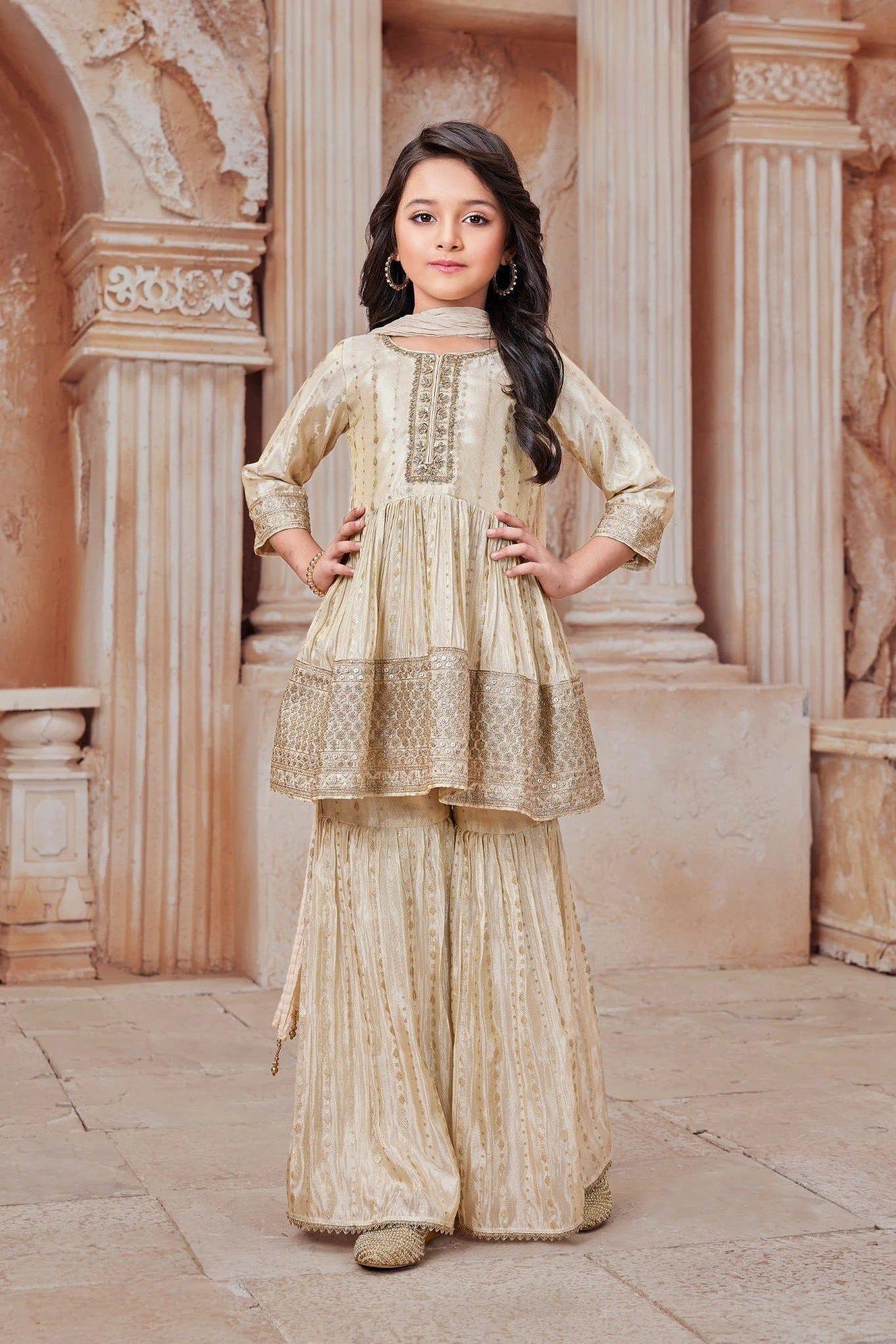 Fawn Brocade Sharara Set with Embroidered Peplum Kurta  Mokshaa