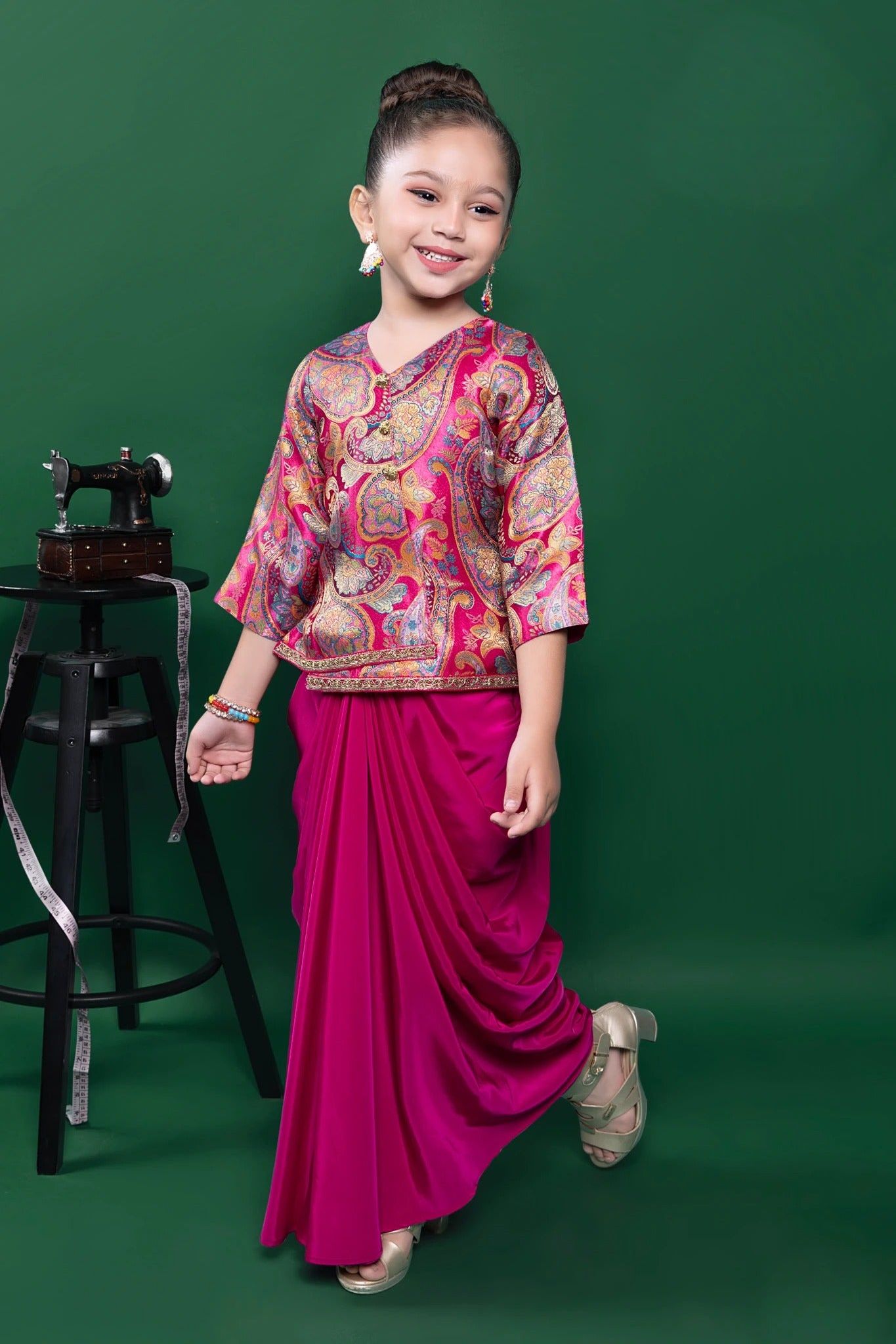 Magenta Drape Skirt with Brocade Top Set Mokshaa