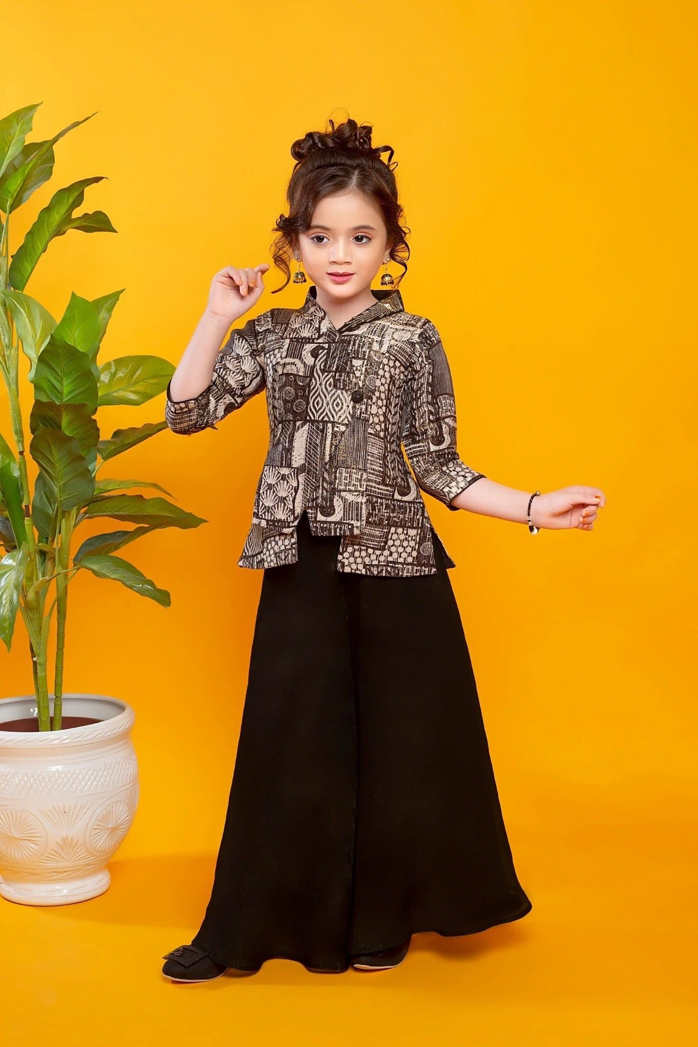 Black Flowy Palazzo Set with Printed Jacket-Style Top Mokshaa