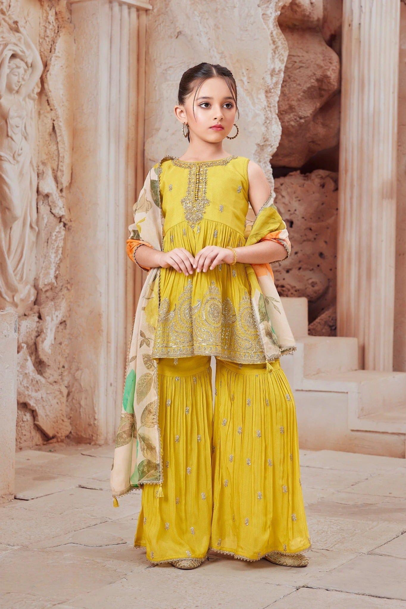 Mustard Yellow Embroidered Sharara Set with Printed Dupatta  Mokshaa