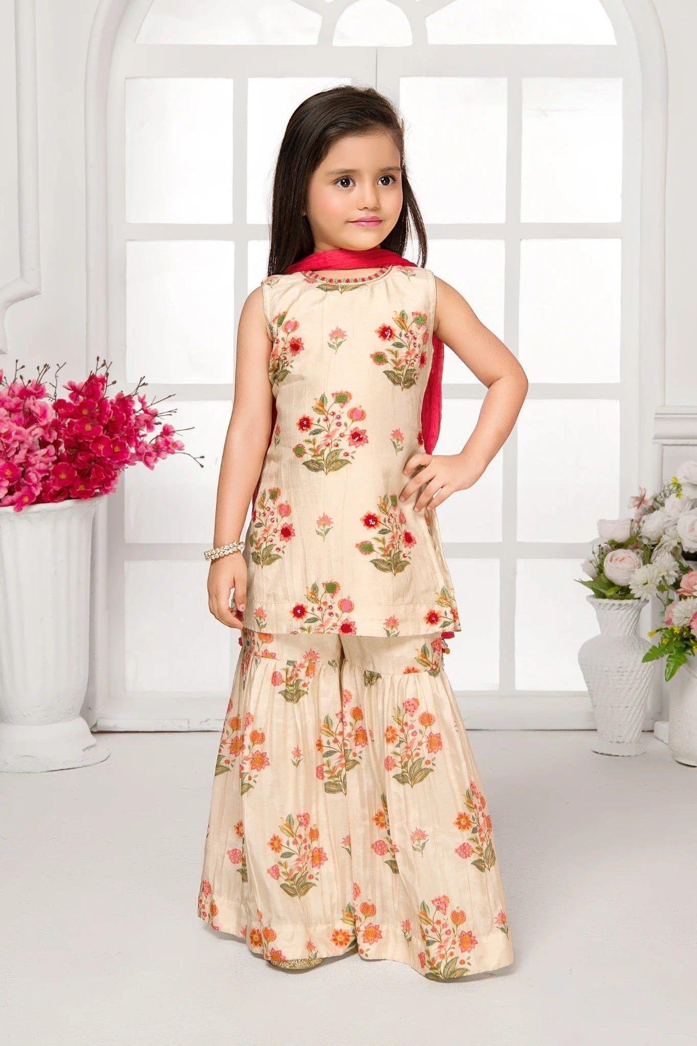 Cream Floral Printed Sharara Set Mokshaa