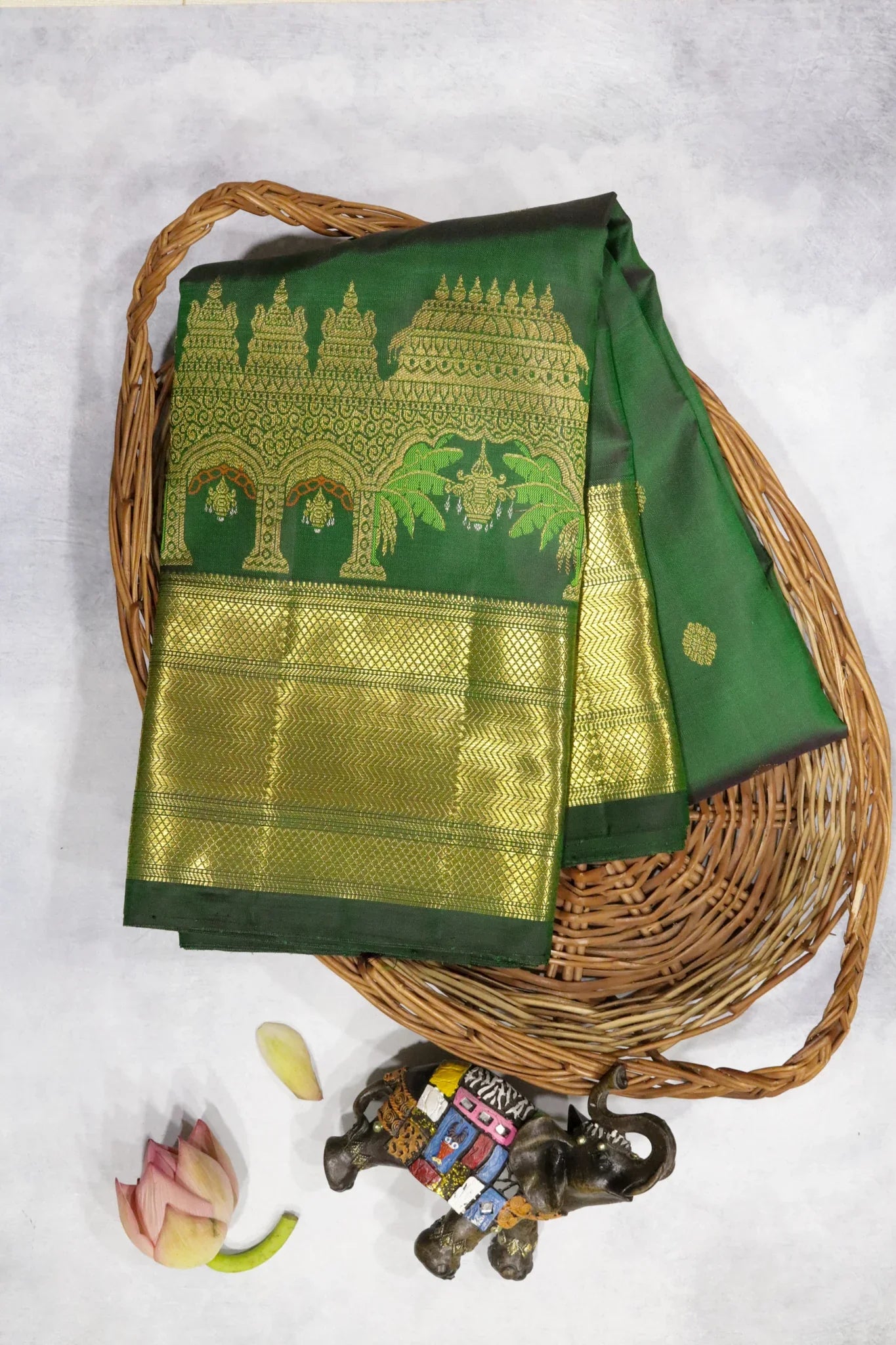 Bottle Green Kanchipuram Silk Saree with Thread Meenakari Motifs and Long Zari Border | Mokshaa