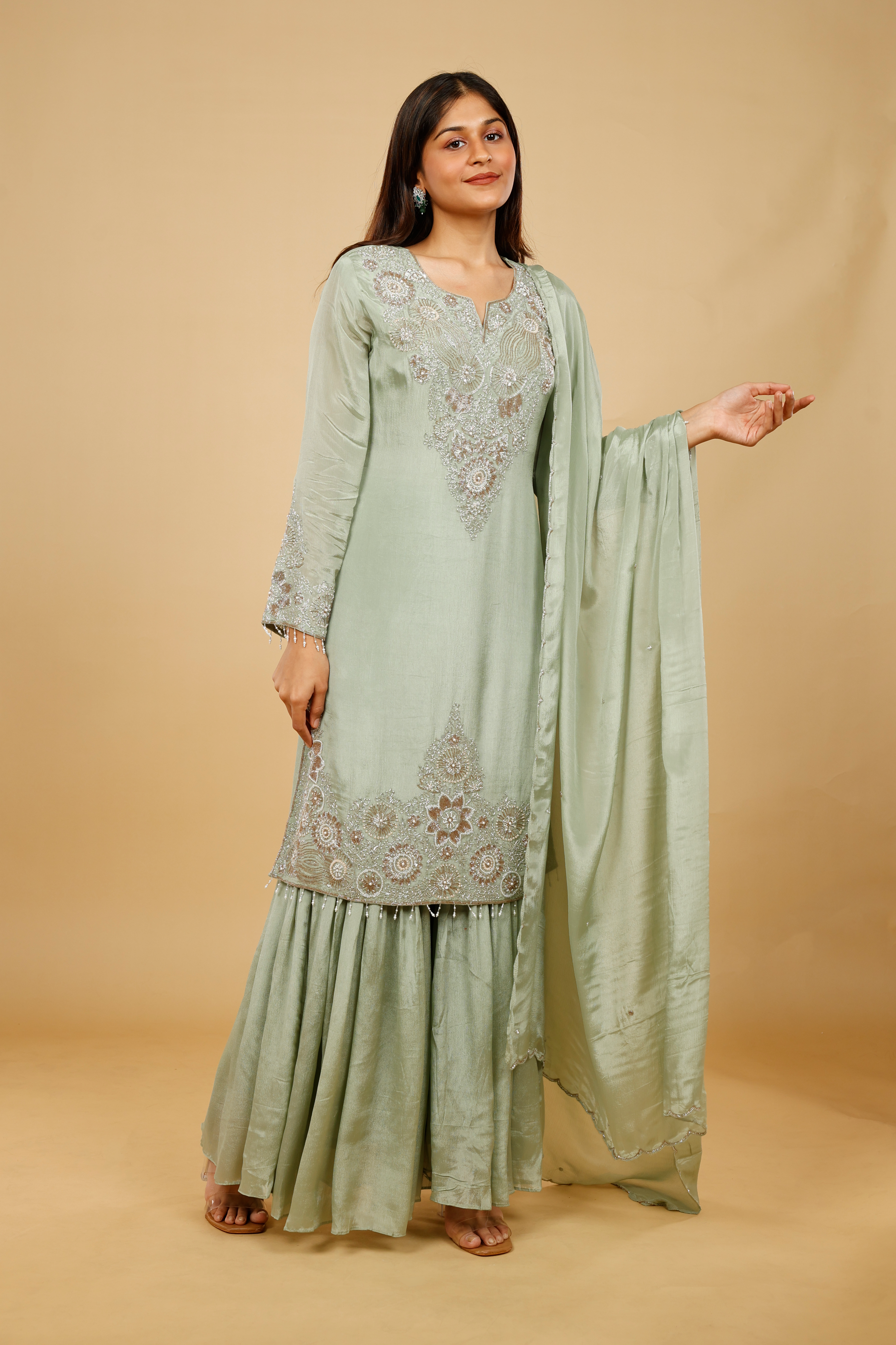 Mint Green Chinon Silk Sharara Set with Kutdana & Pearl Embroidery