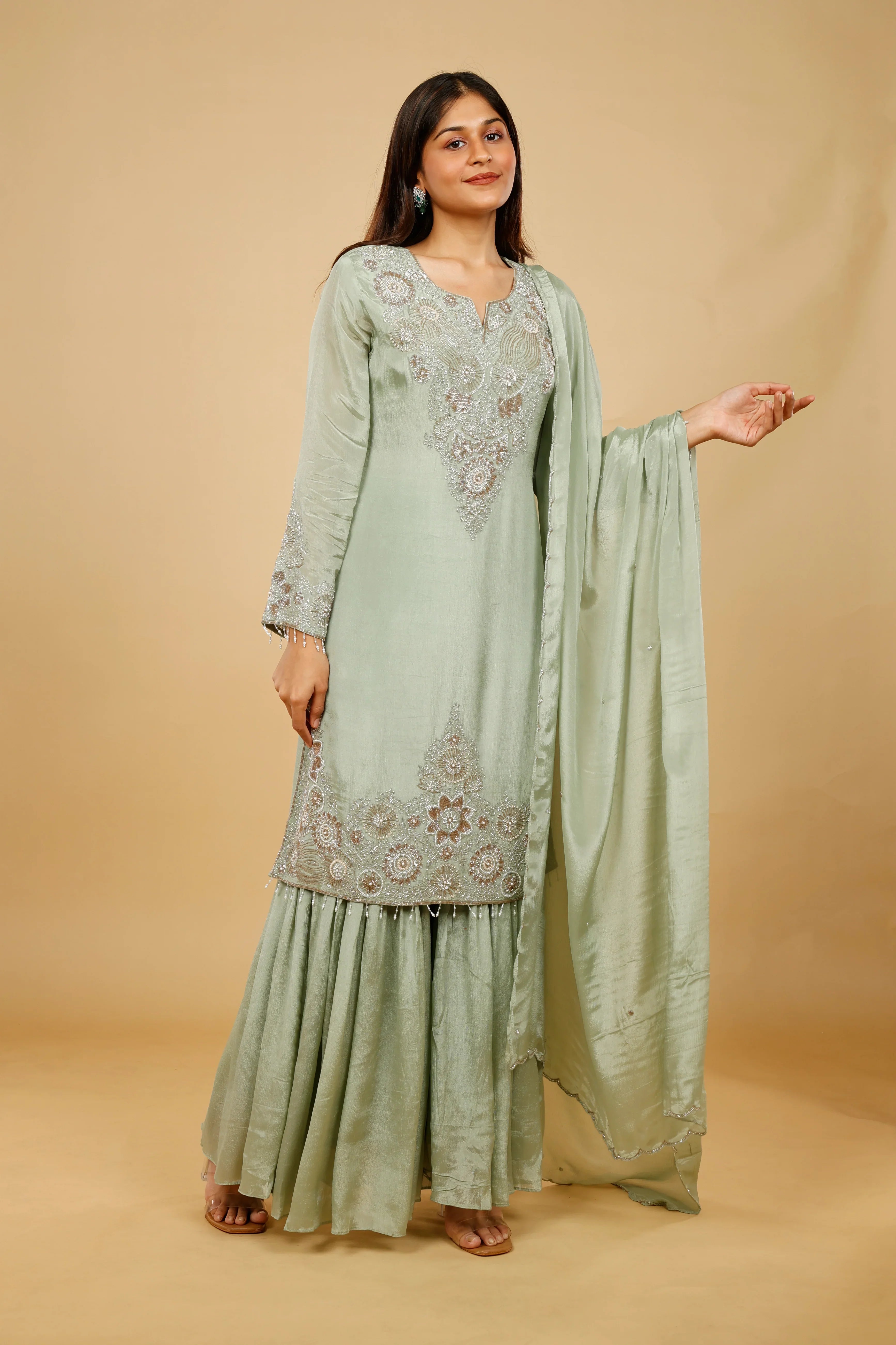 Mint Green Chinon Silk Sharara Set with Kutdana & Pearl Embroidery | Mokshaa