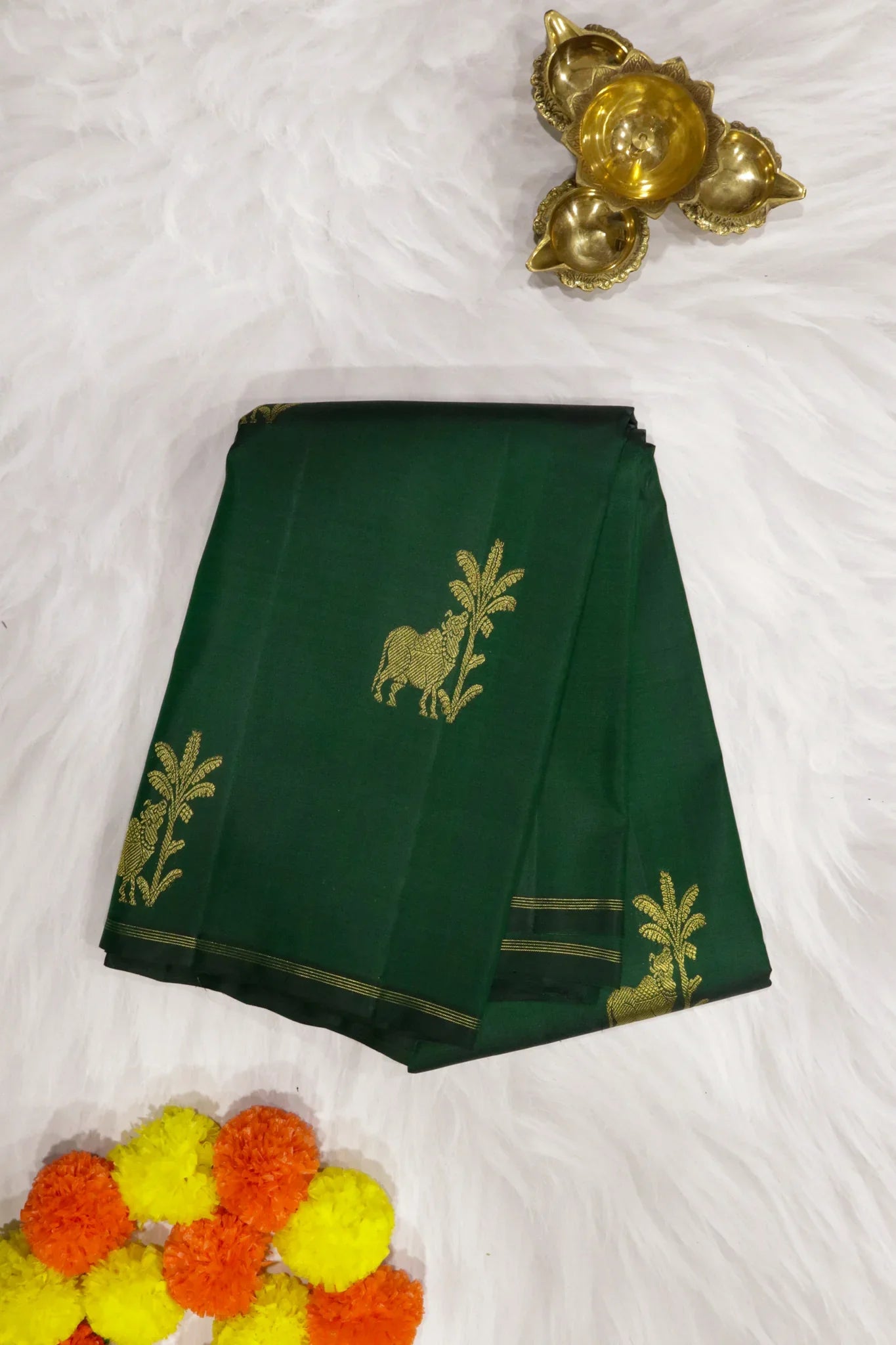 Bottle Green Kanchipuram Silk Saree with Zari Figure Motifs | Mokshaa