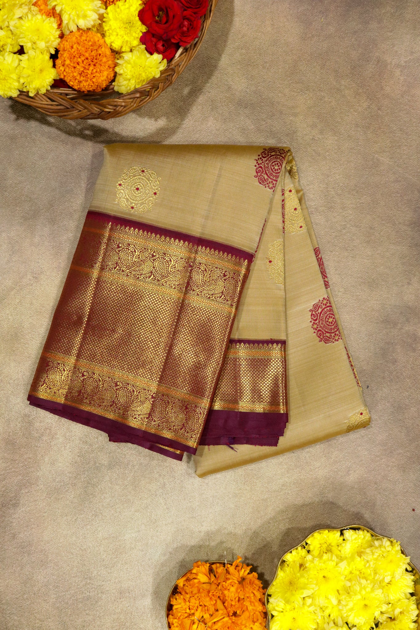 Beige Kanchipuram Silk Saree with Zari & Thread Motifs and Contrast Zari Border