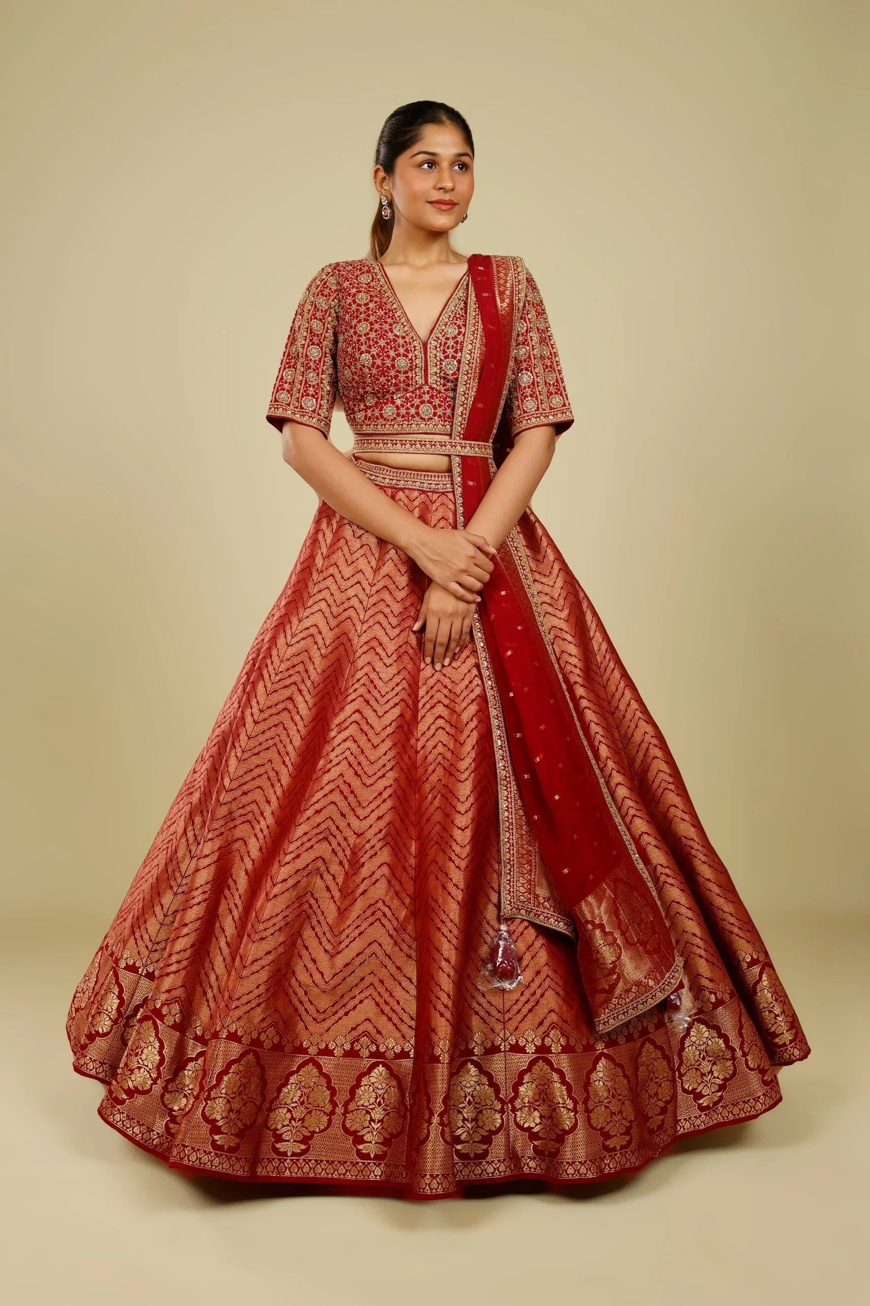 Maroon Banarasi Lehenga Set with Zari, French Knot & Cutdana Embroidery | Mokshaa