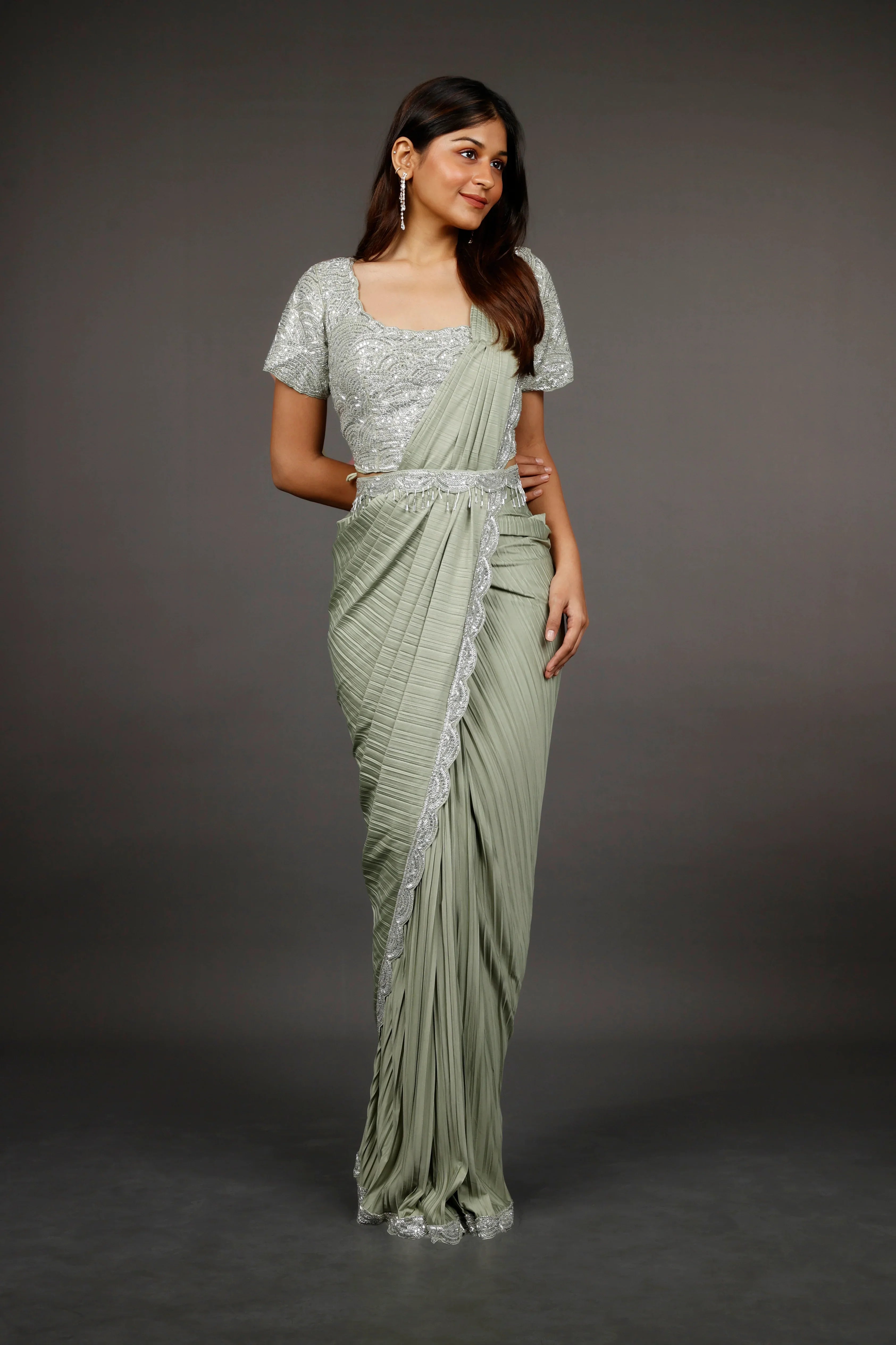 Light Green Lycra Drape Saree with Sequin & Cutdana Embroidered Blouse | Mokshaa