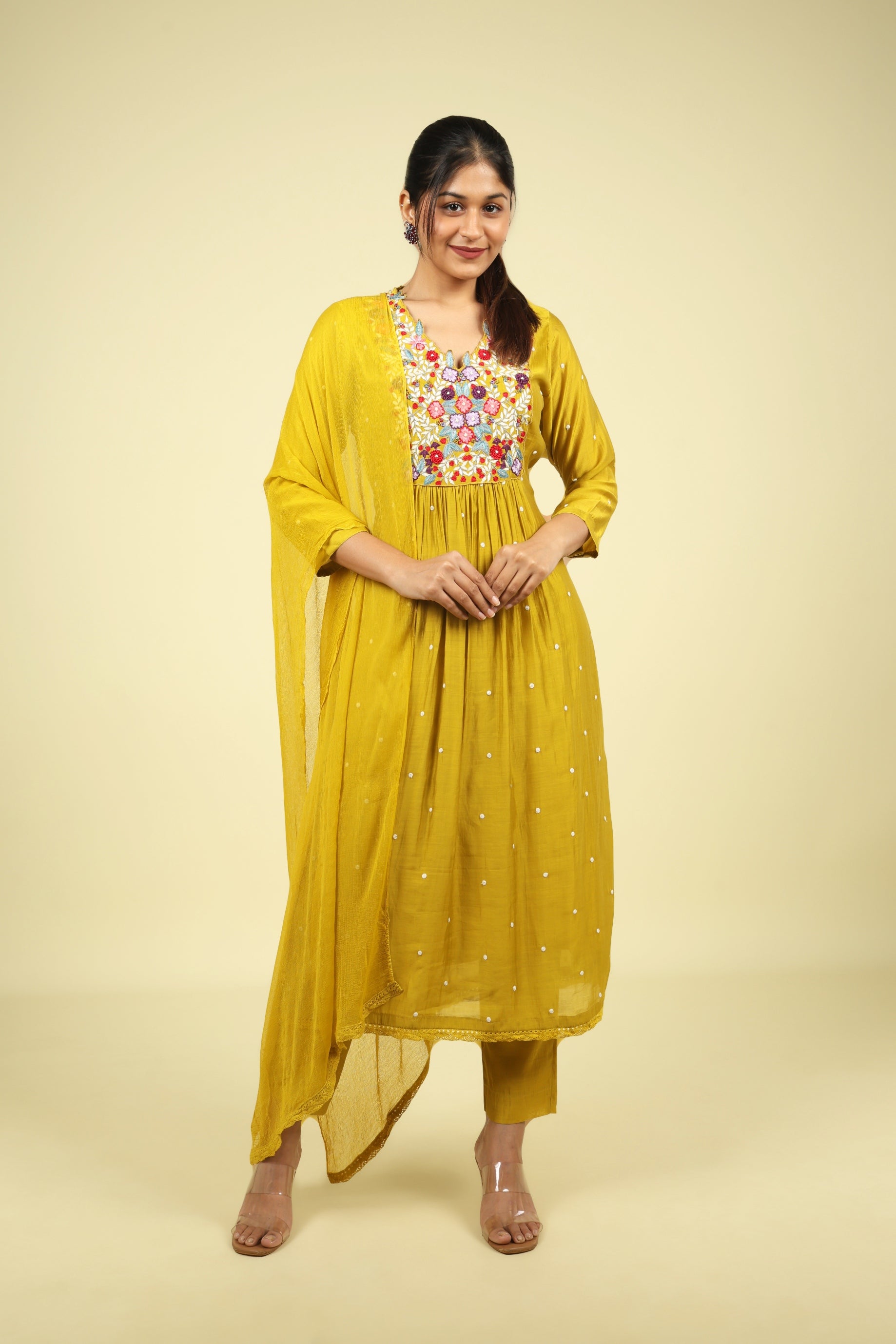 Yellow Mul Chanderi Straight Cut Salwar Set