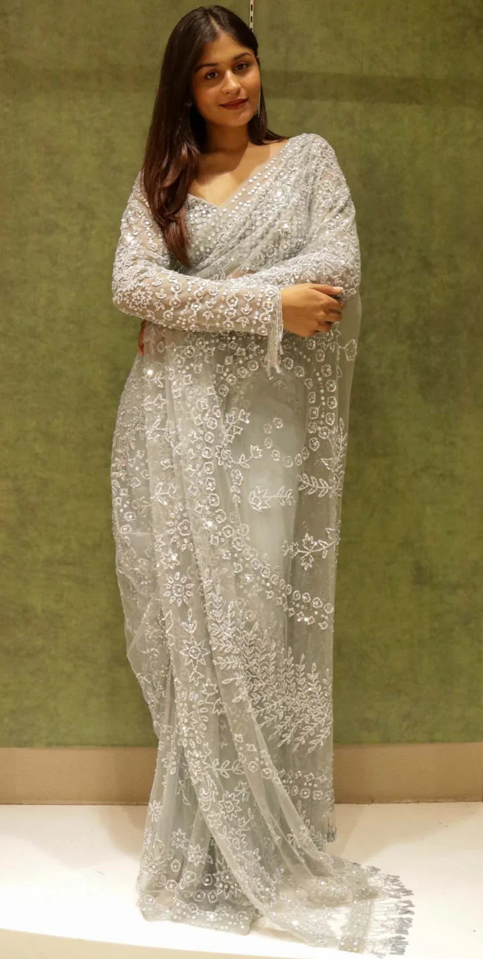 Ice Blue Net Saree with All-Over Sequins & Stone Work | Mokshaa