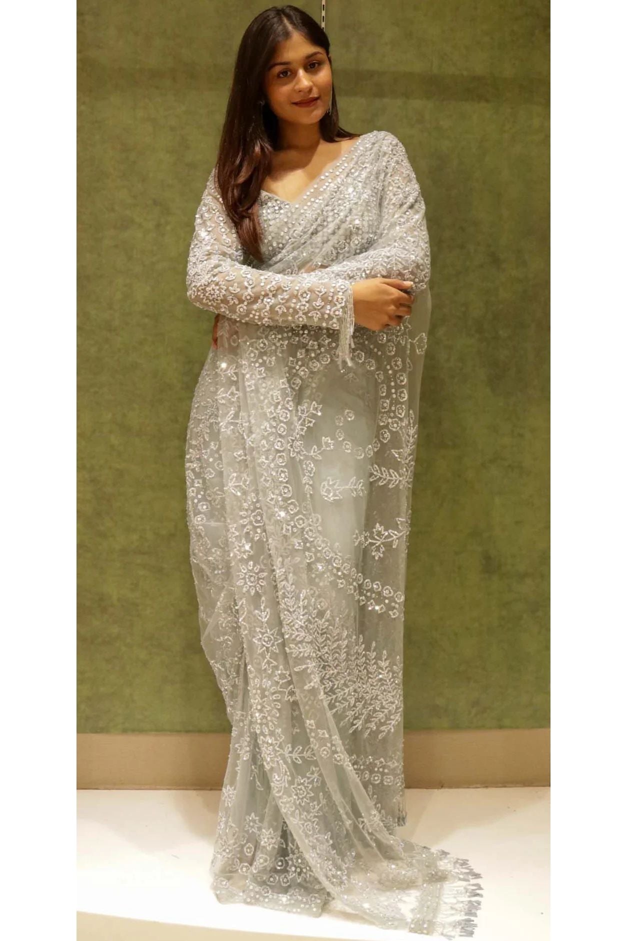 Ice Blue Net Saree with All-Over Sequins & Stone Work - Mokshaa