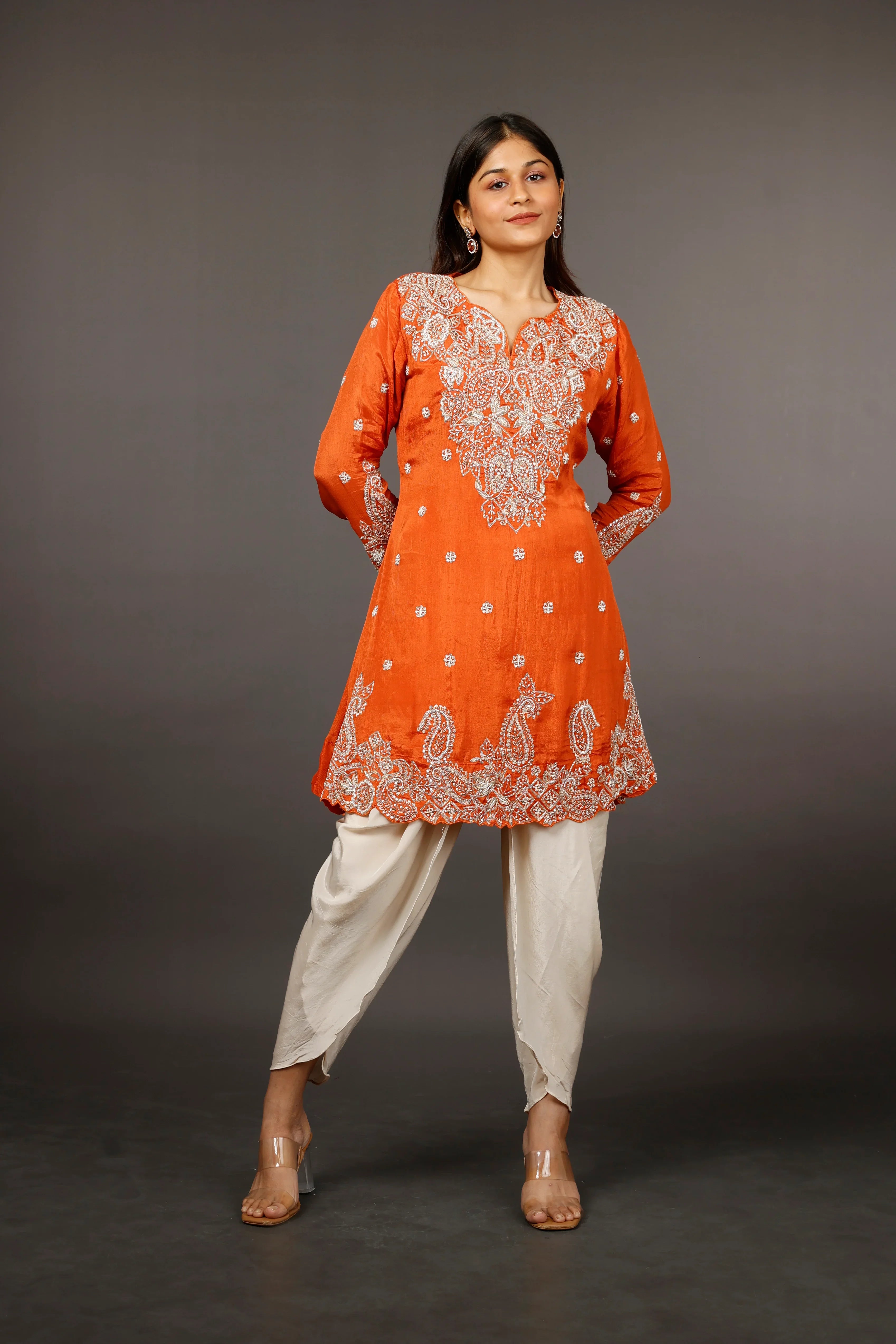 Rust Chinon Silk Indo-Western Kurta with Cream Dhoti Pants | Mokshaa