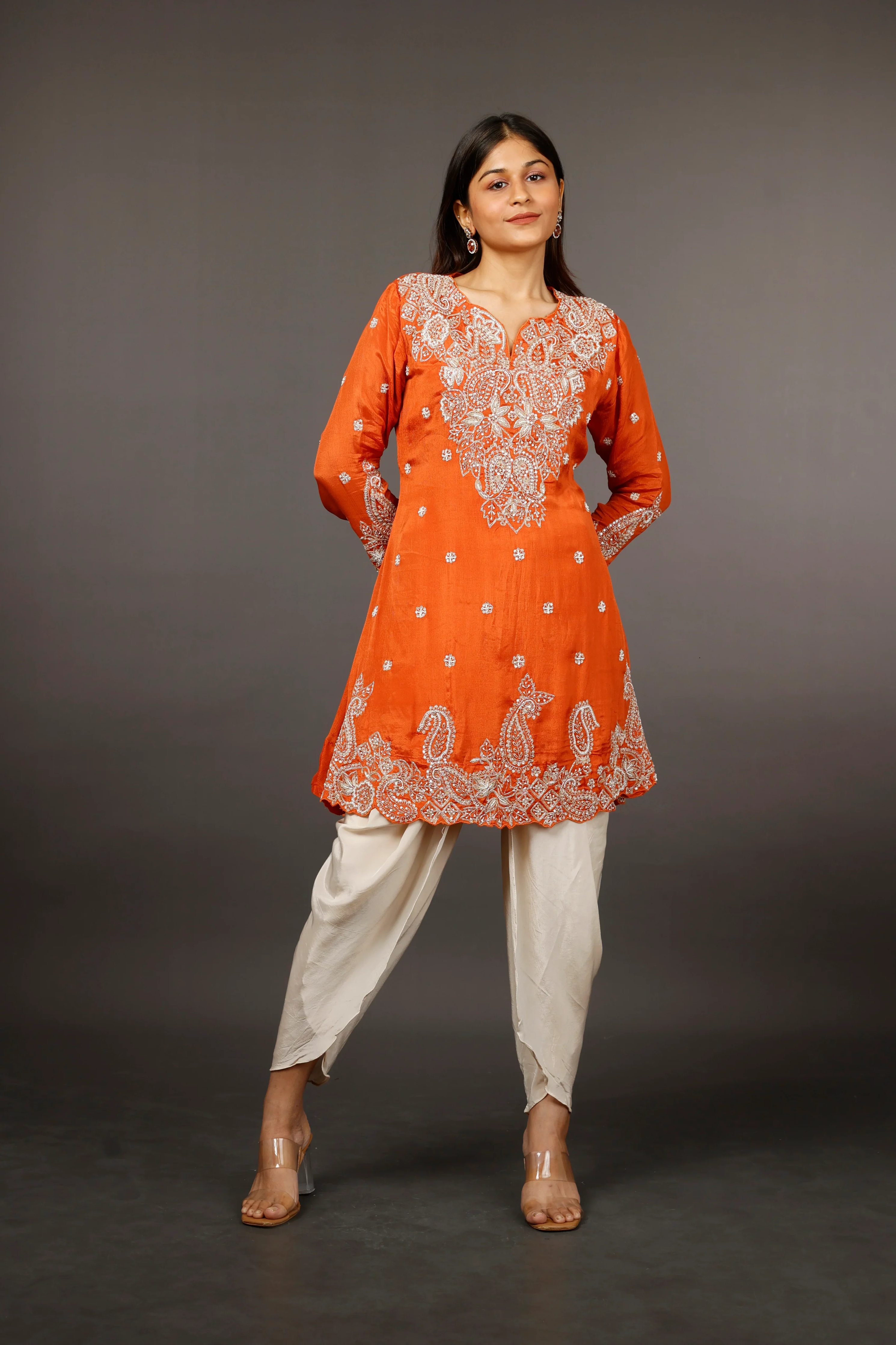 Rust Chinon Silk Indo-Western Kurta with Cream Dhoti Pants - Mokshaa