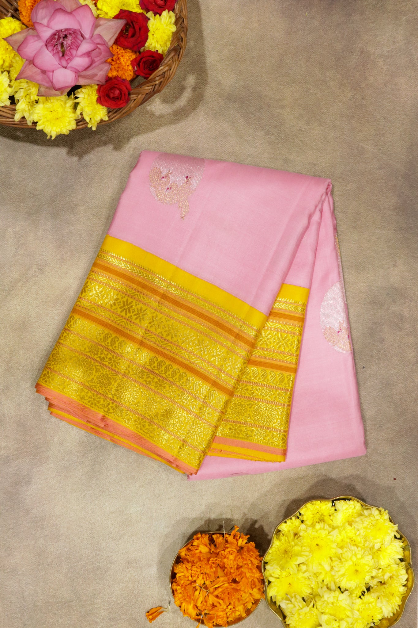 Baby Pink Kanchipuram Silk Saree with Fancy Motifs and Contrast Zari Border