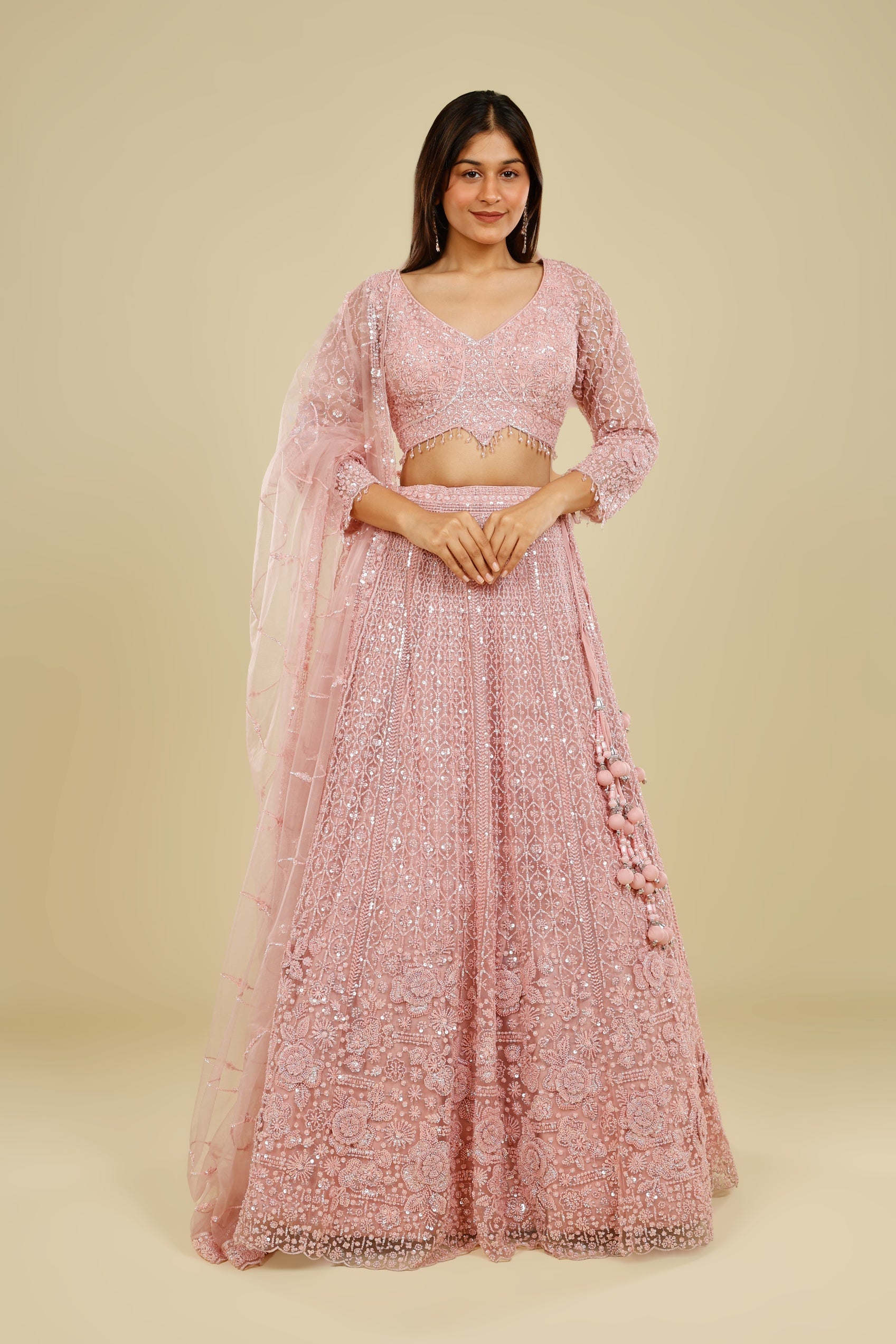 Blush Pink Net Lehenga Set with Pearl, Sequin & Cutdana Embroidery
