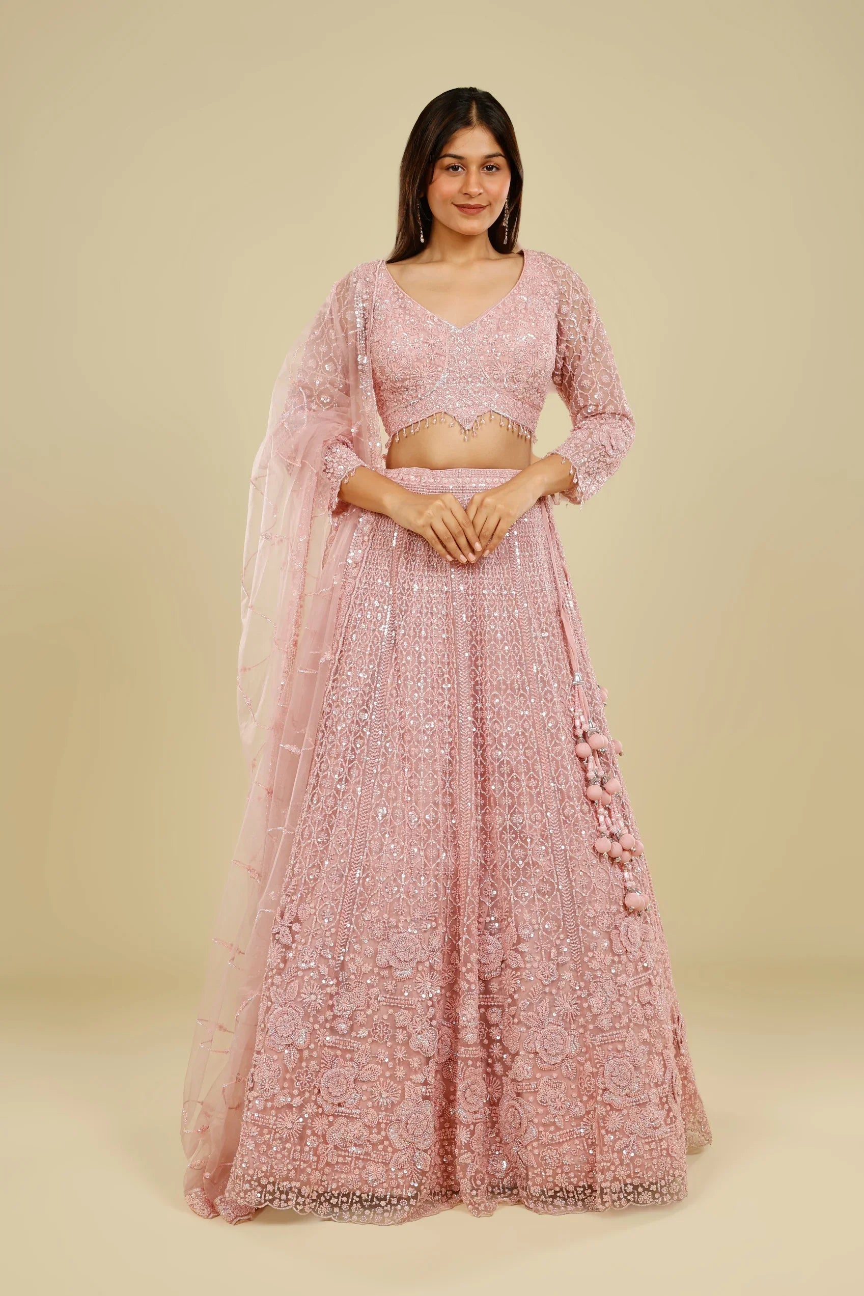 Blush Pink Net Lehenga Set with Pearl, Sequin & Cutdana Embroidery