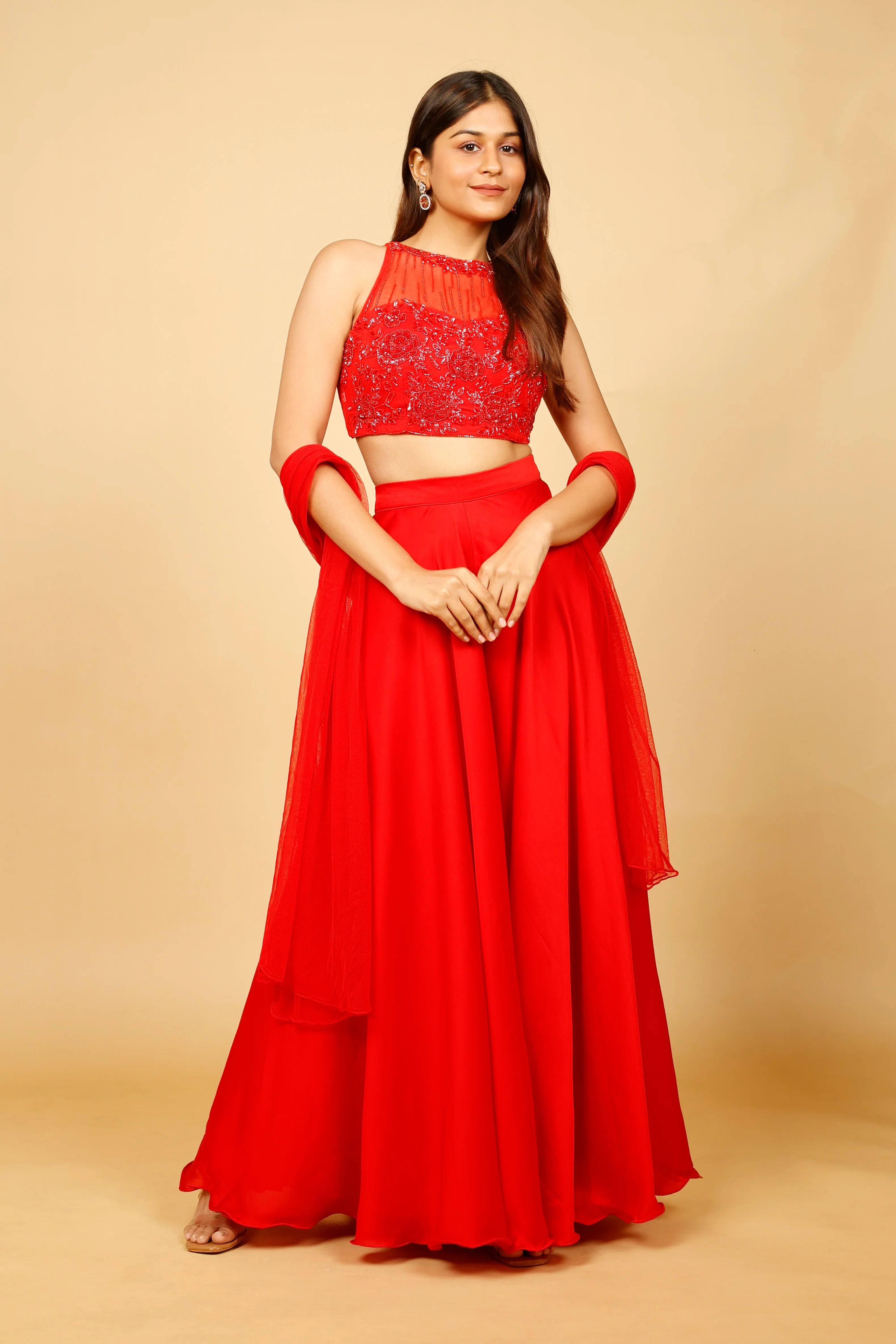 Red Crop Top with Palazzo and Net Dupatta | Mokshaa