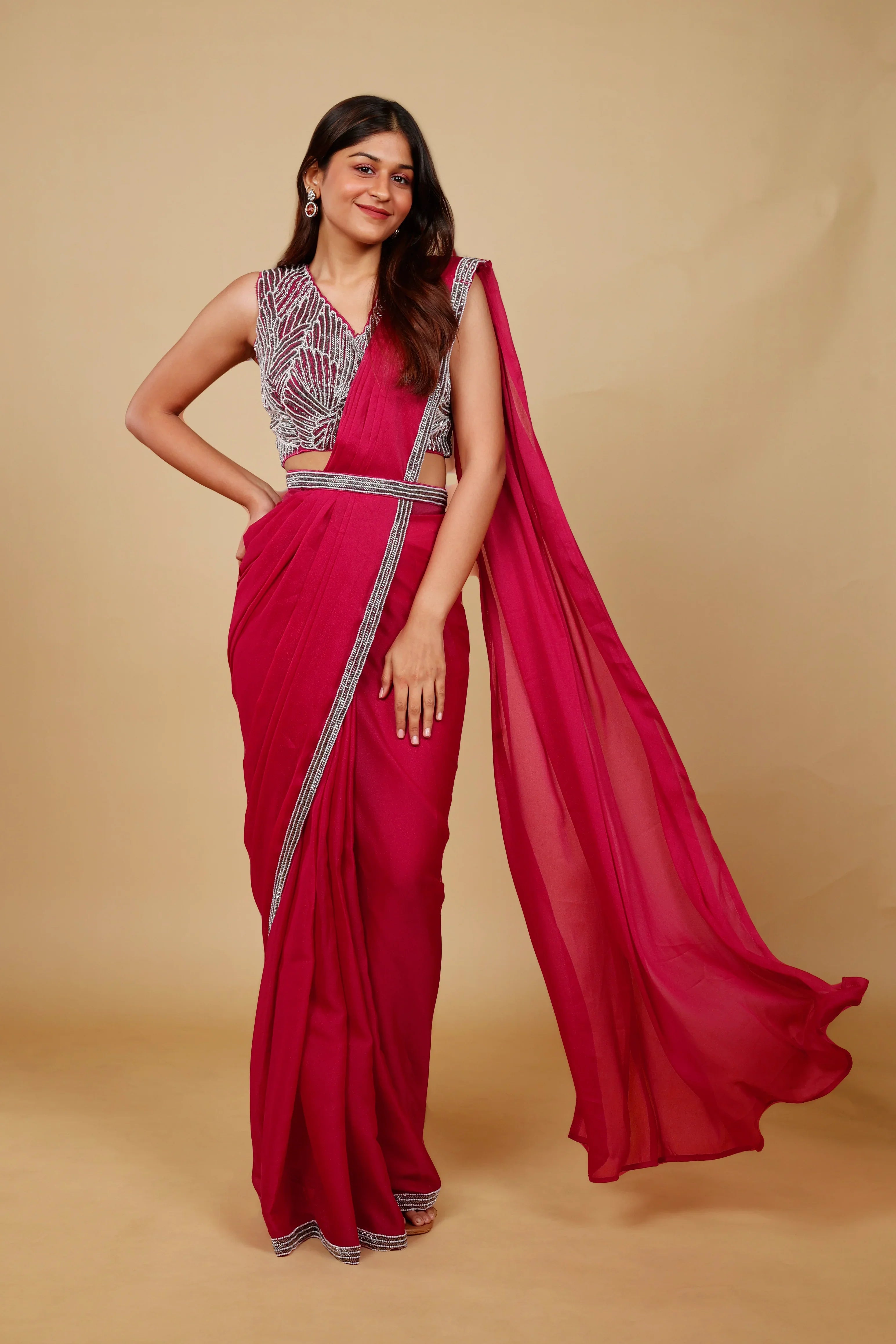 Pink Shimmer Drape Saree with Pearl & Cutdana Embroidery | Mokshaa