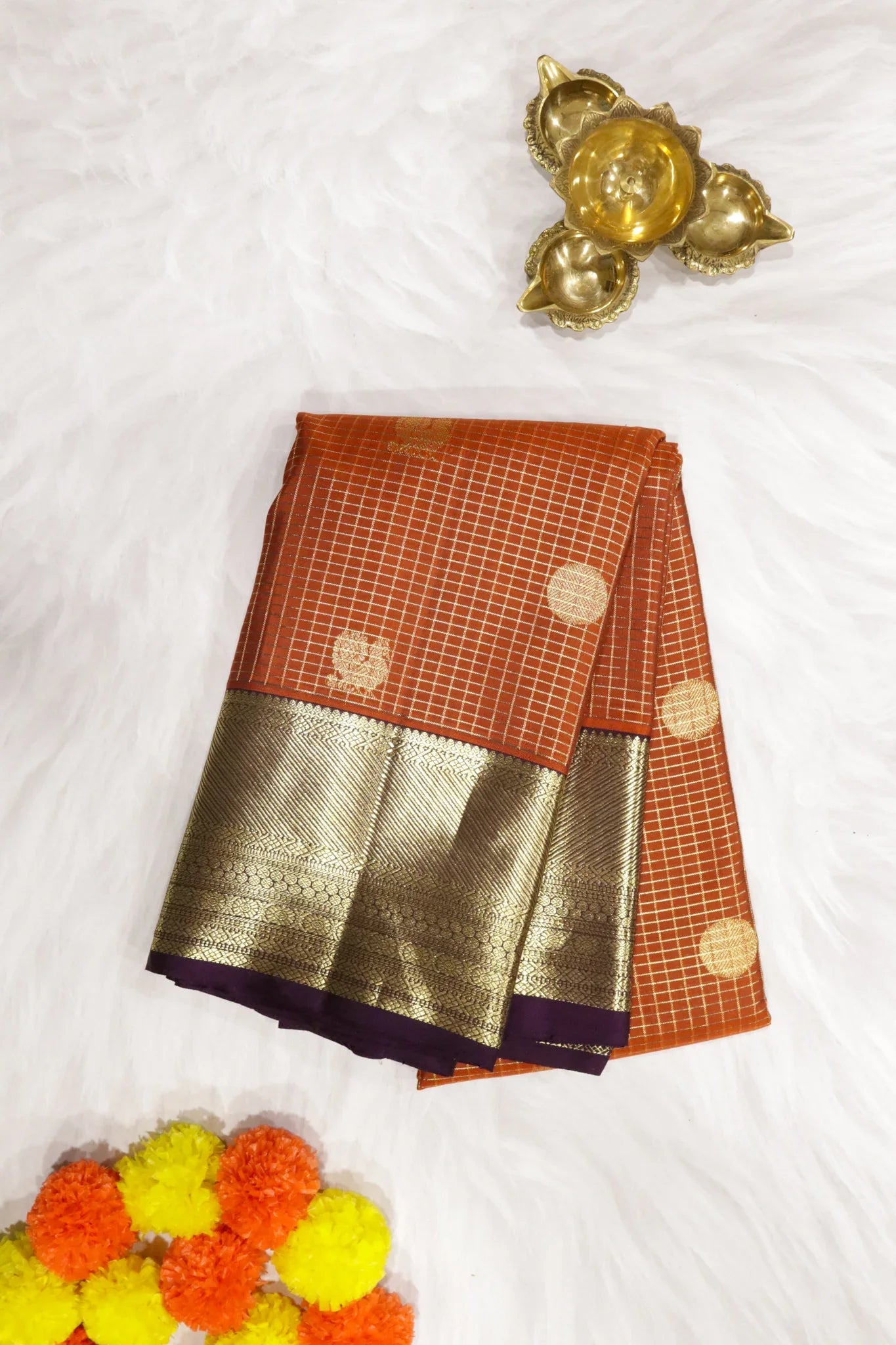Rust Orange Kanchipuram Silk Saree with Zari Checks, Motifs & Weaving Border | Mokshaa