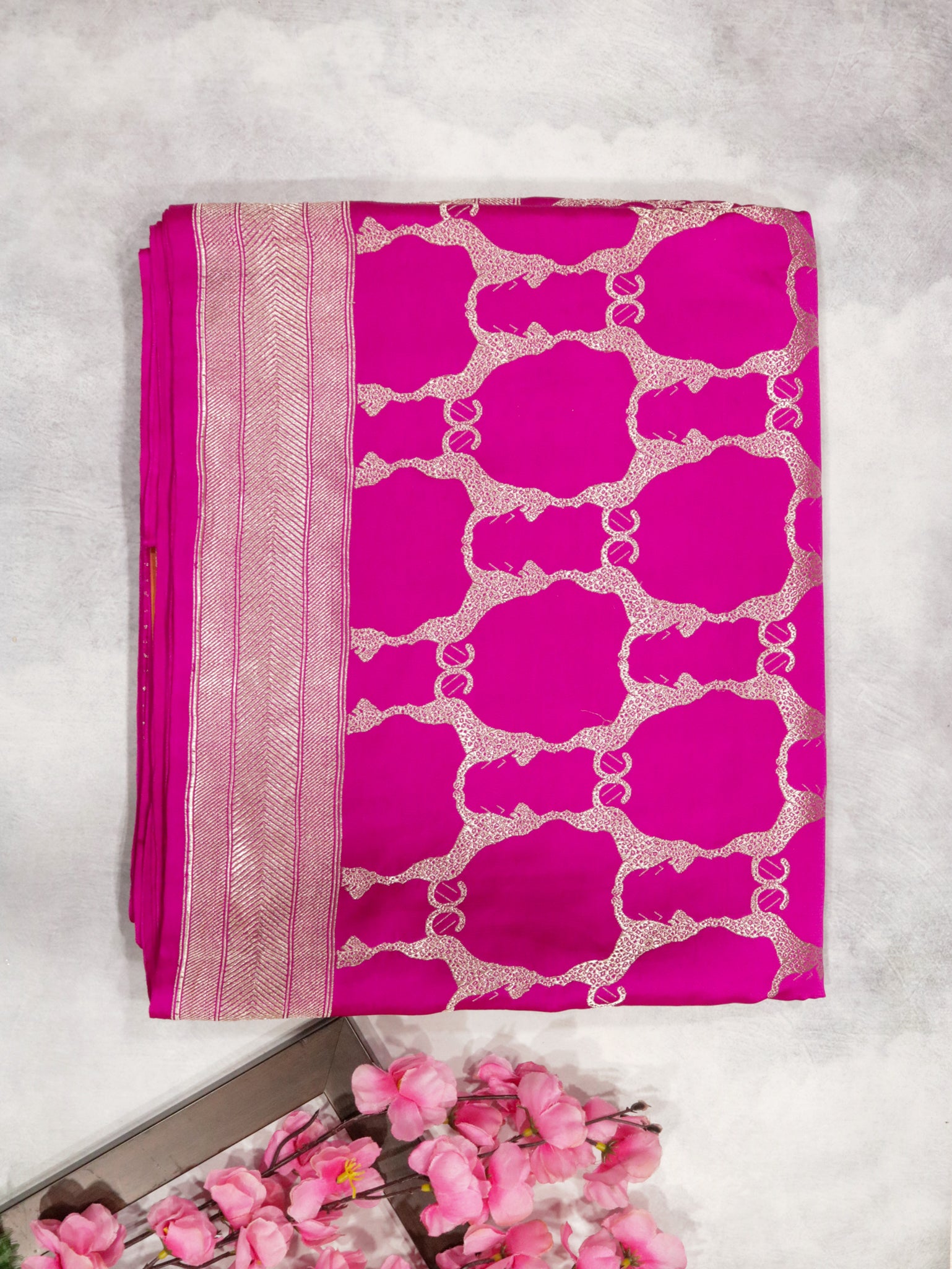 Rani Pink Banarasi Mushroom Silk Saree with Silver Zari Tiger Jaal**