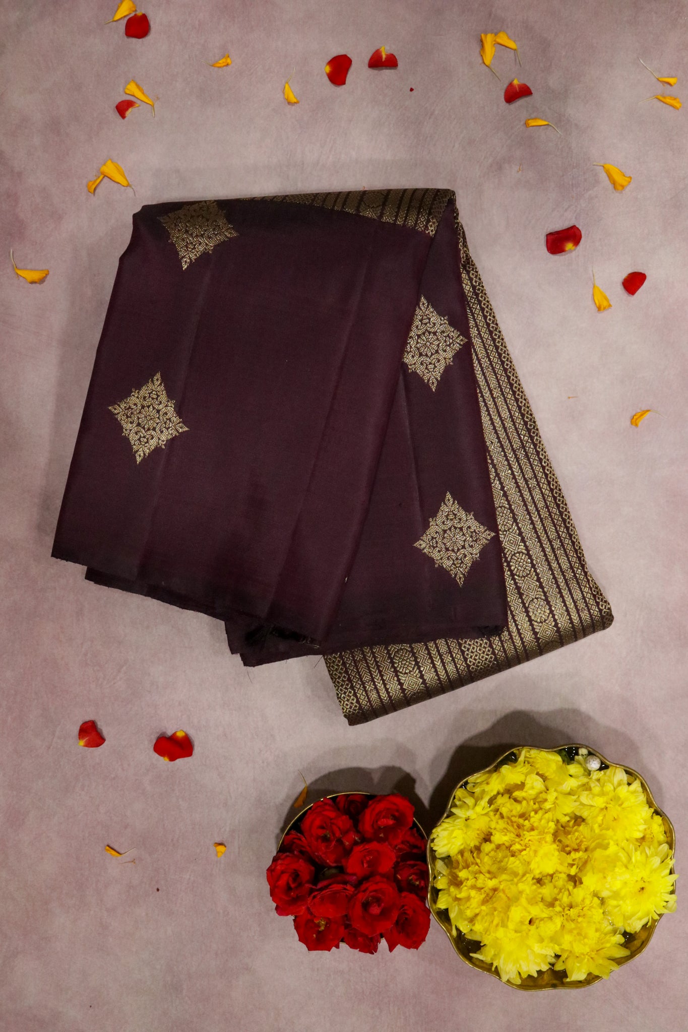 Brown Kanchipuram Silk Saree with Gold Geometrical Lines and Zari Motif Border