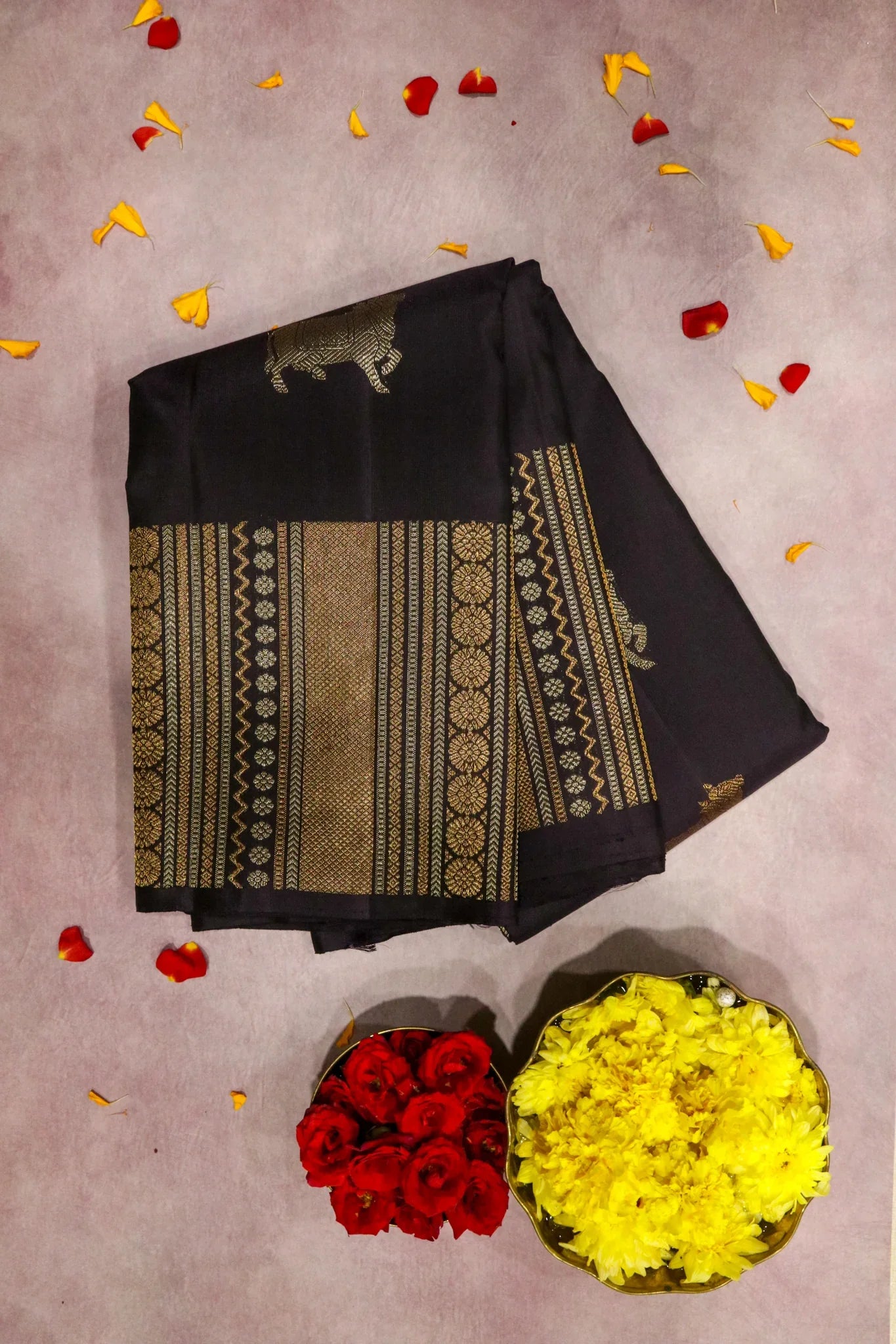 Brownish Purple Kanchipuram Silk Saree with Gold & Silver Cow Motifs and Fancy Border | Mokshaa