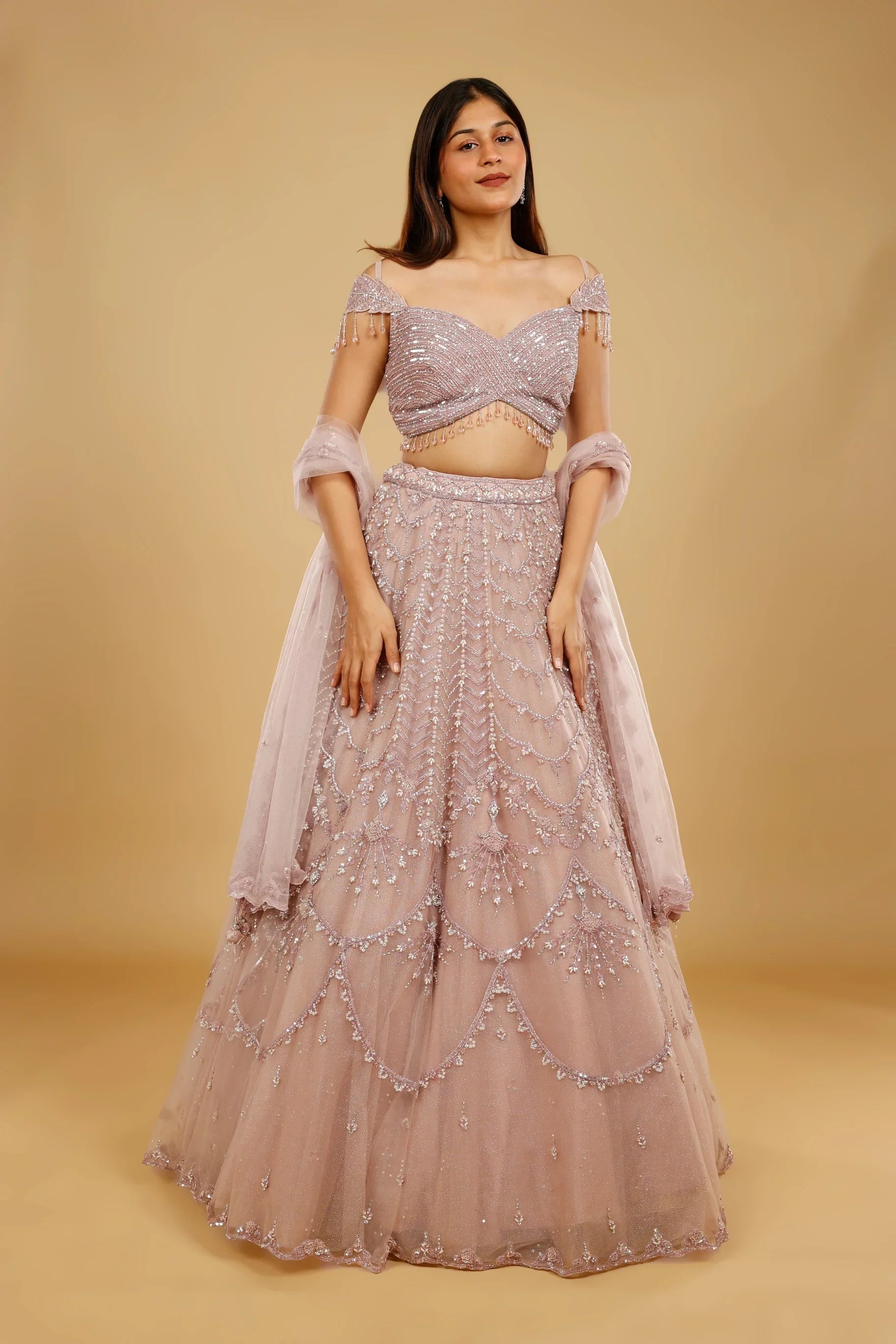Mauve Net Lehenga Set with Sequin, Pearl & Cutdana Embroidery