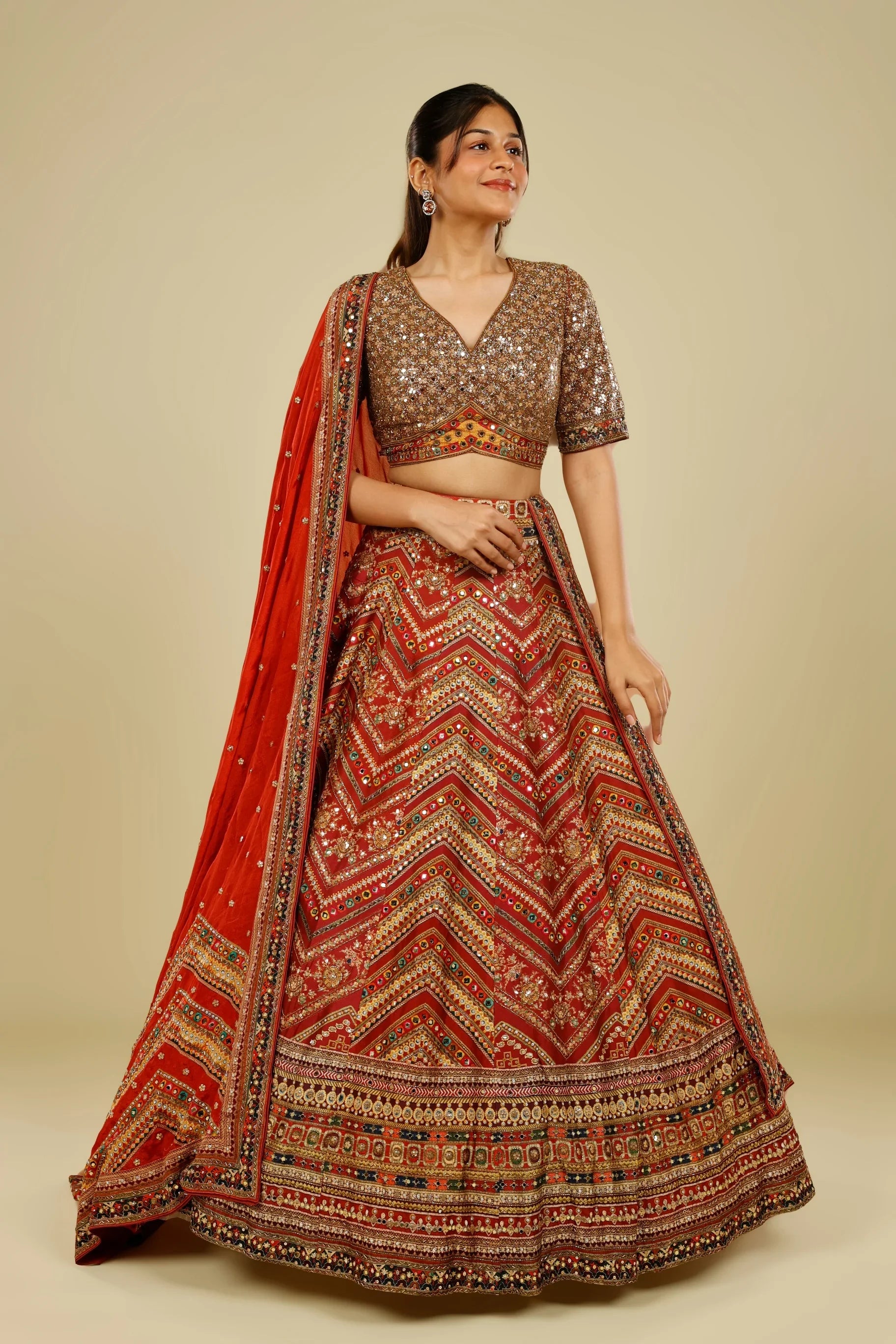 Rust Printed Silk Lehenga Set with Sequin & Kutdana Embroidery | Mokshaa