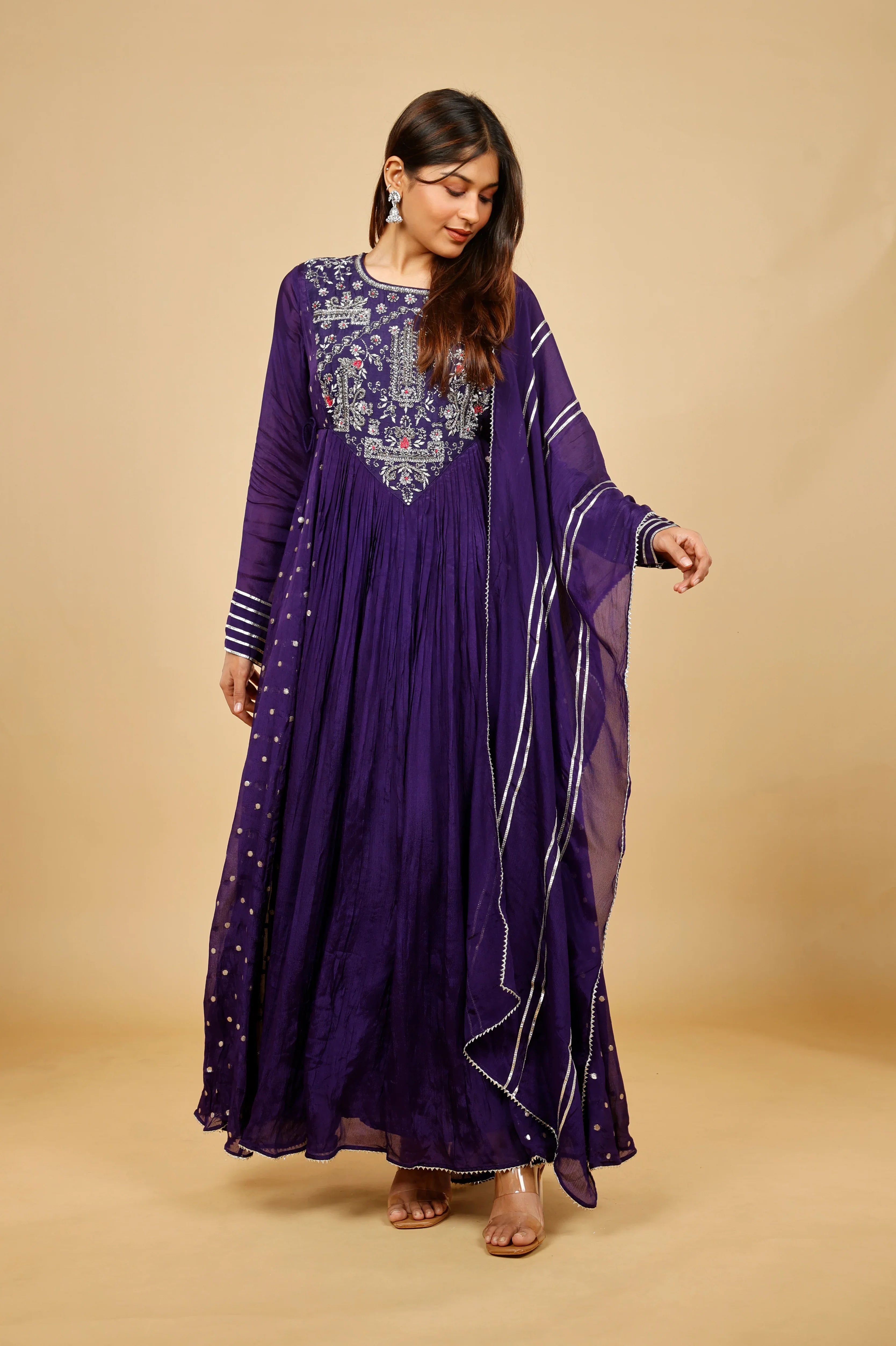 Royal Purple Silk Anarkali Set with Gota & Kutdana Embroidery | Mokshaa