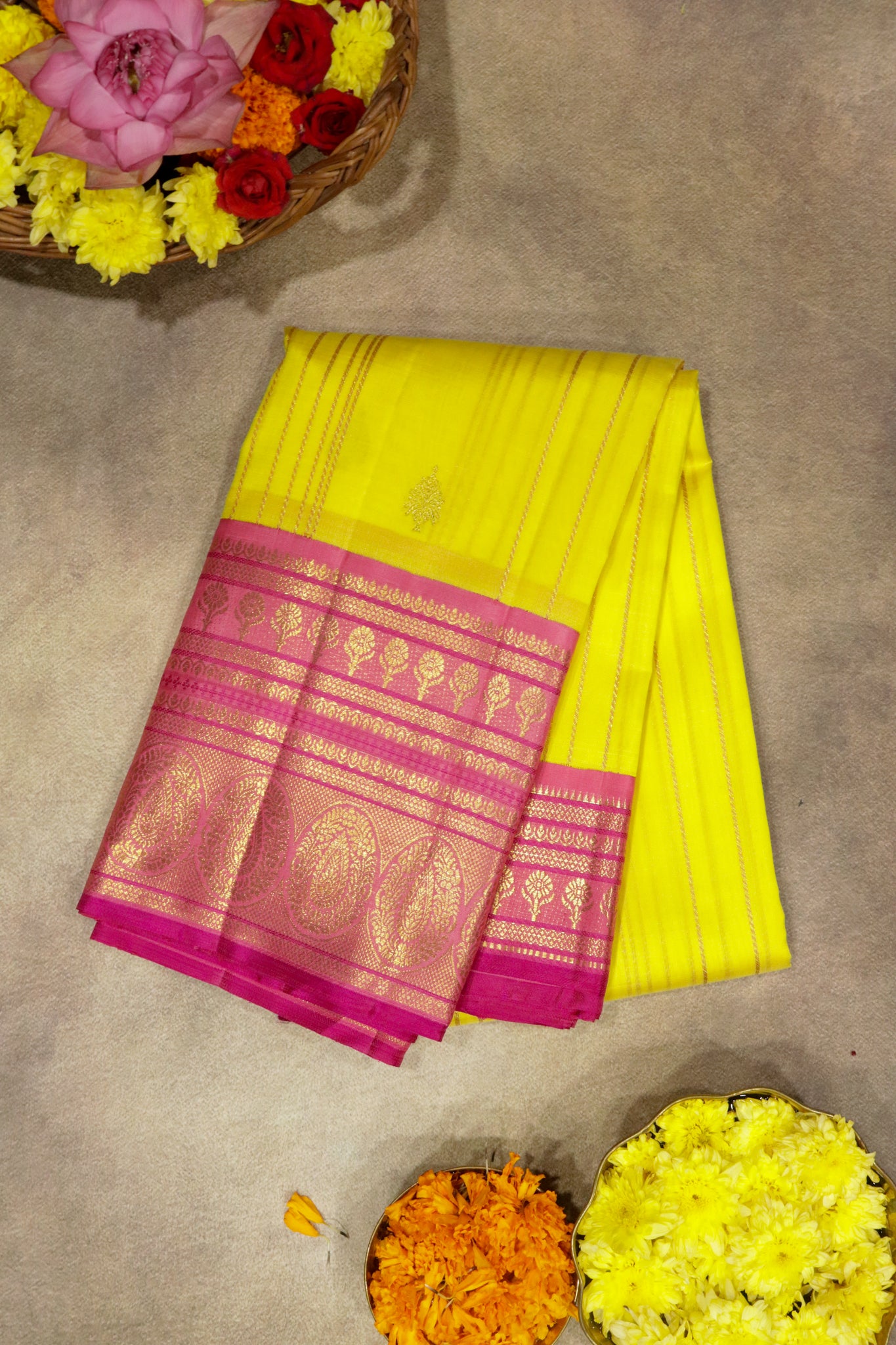 Yellow Kanchipuram Silk Saree with Zari Stripes, Motifs & Contrast Zari Border