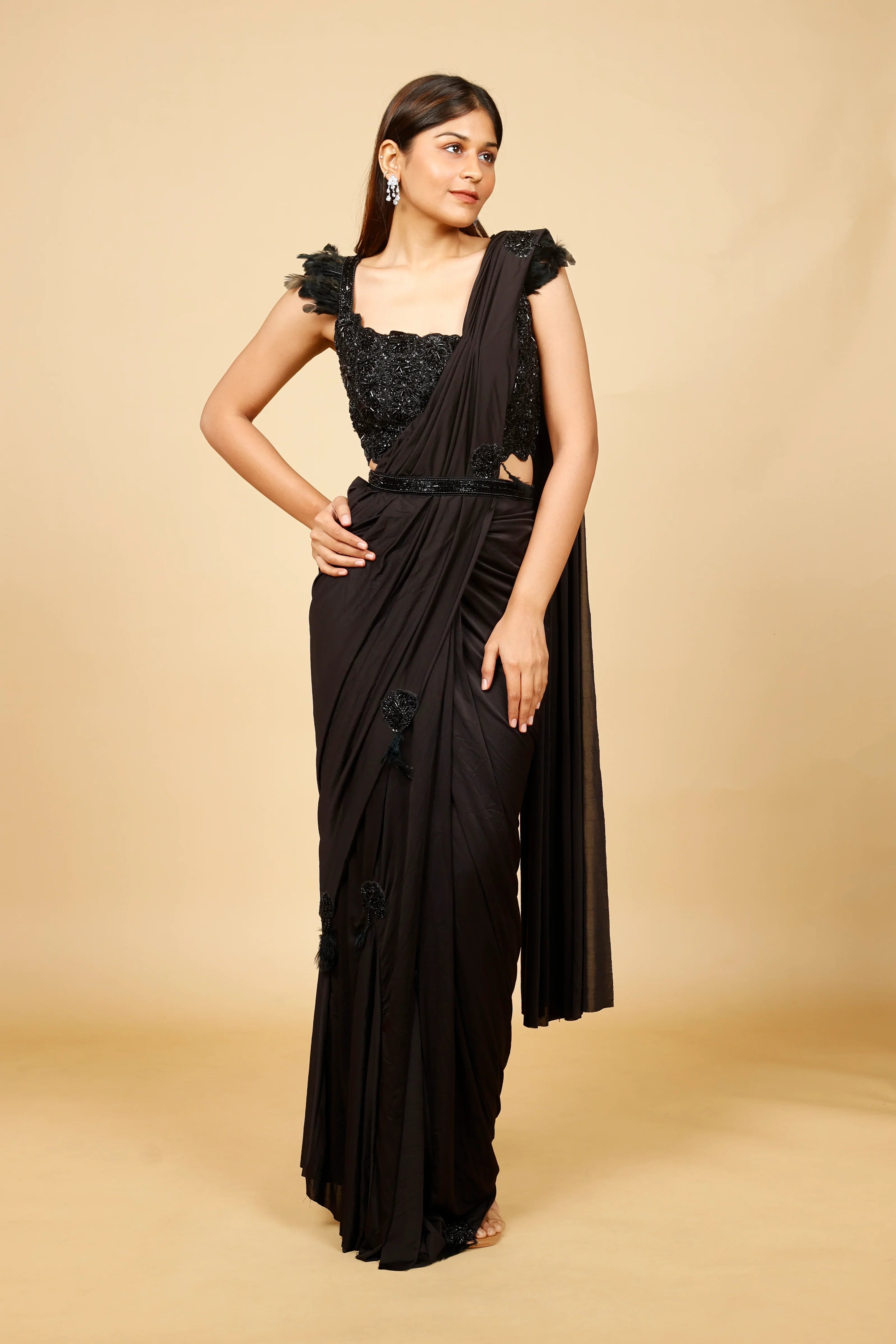 Black Lycra Drape Saree with Feathered Pearl & Cutdana Embroidered Blouse | Mokshaa