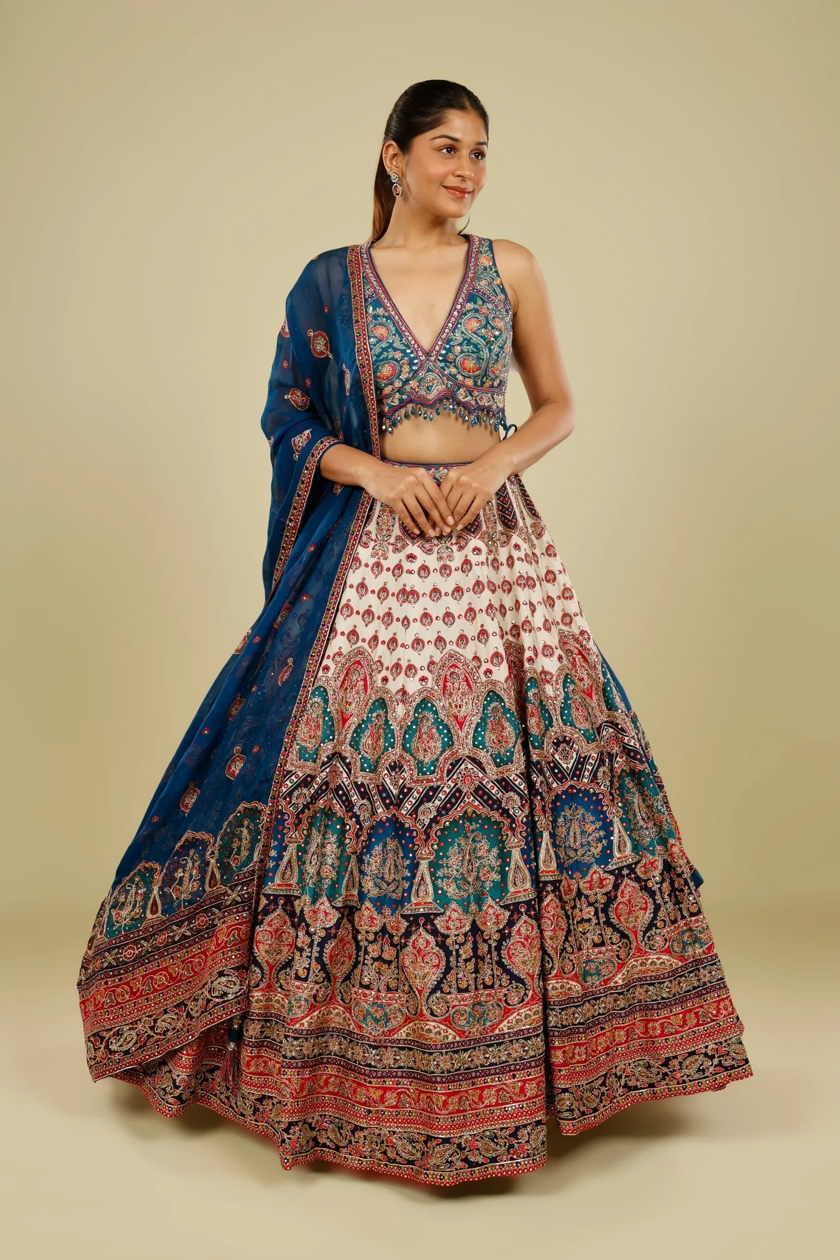 Blue Multicolour Printed Silk Lehenga Set with Zari, Sequin & Cutdana Highlights | Mokshaa