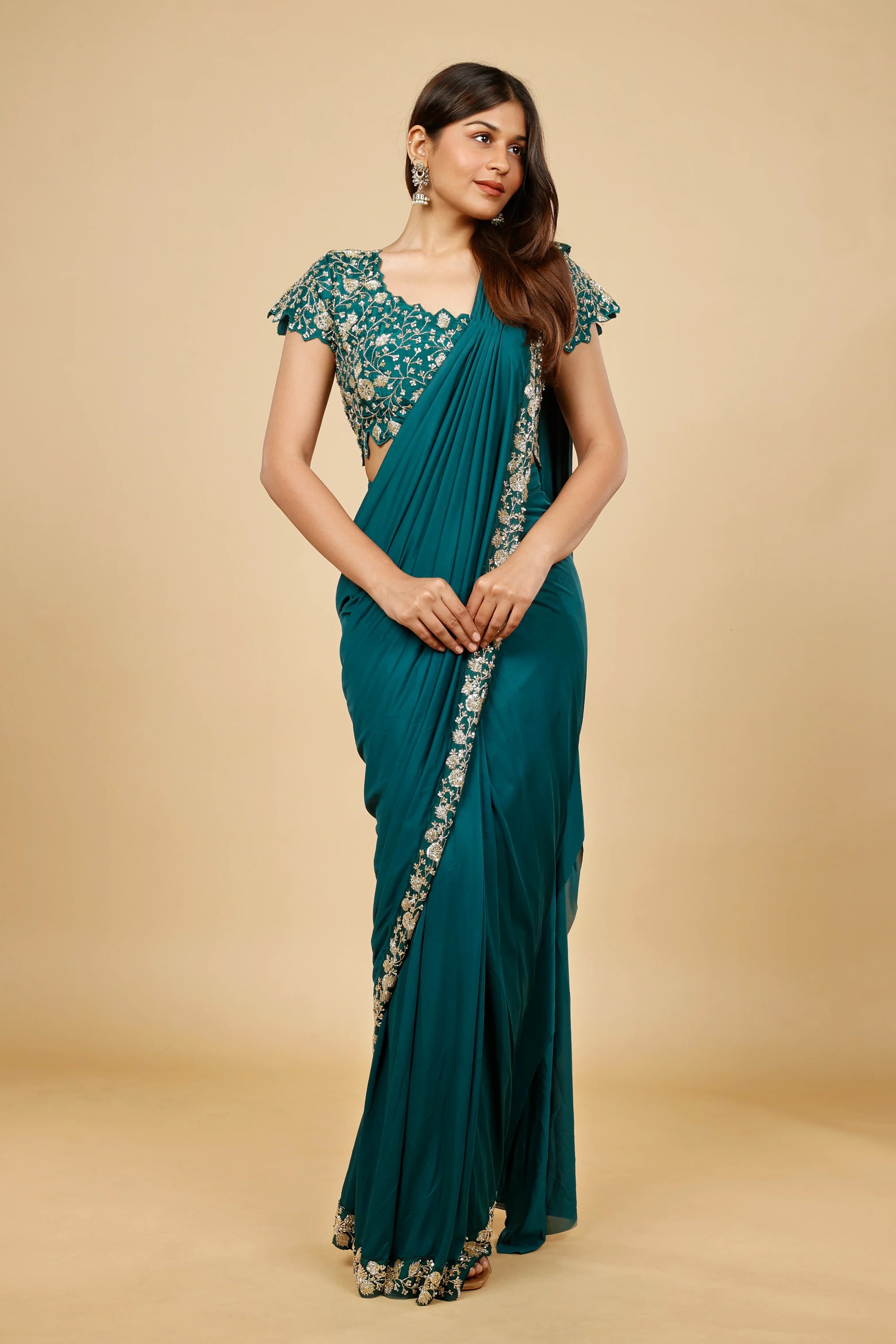 Emerald Green Lycra Silk Drape Saree with Kutdana Embroidery | Mokshaa