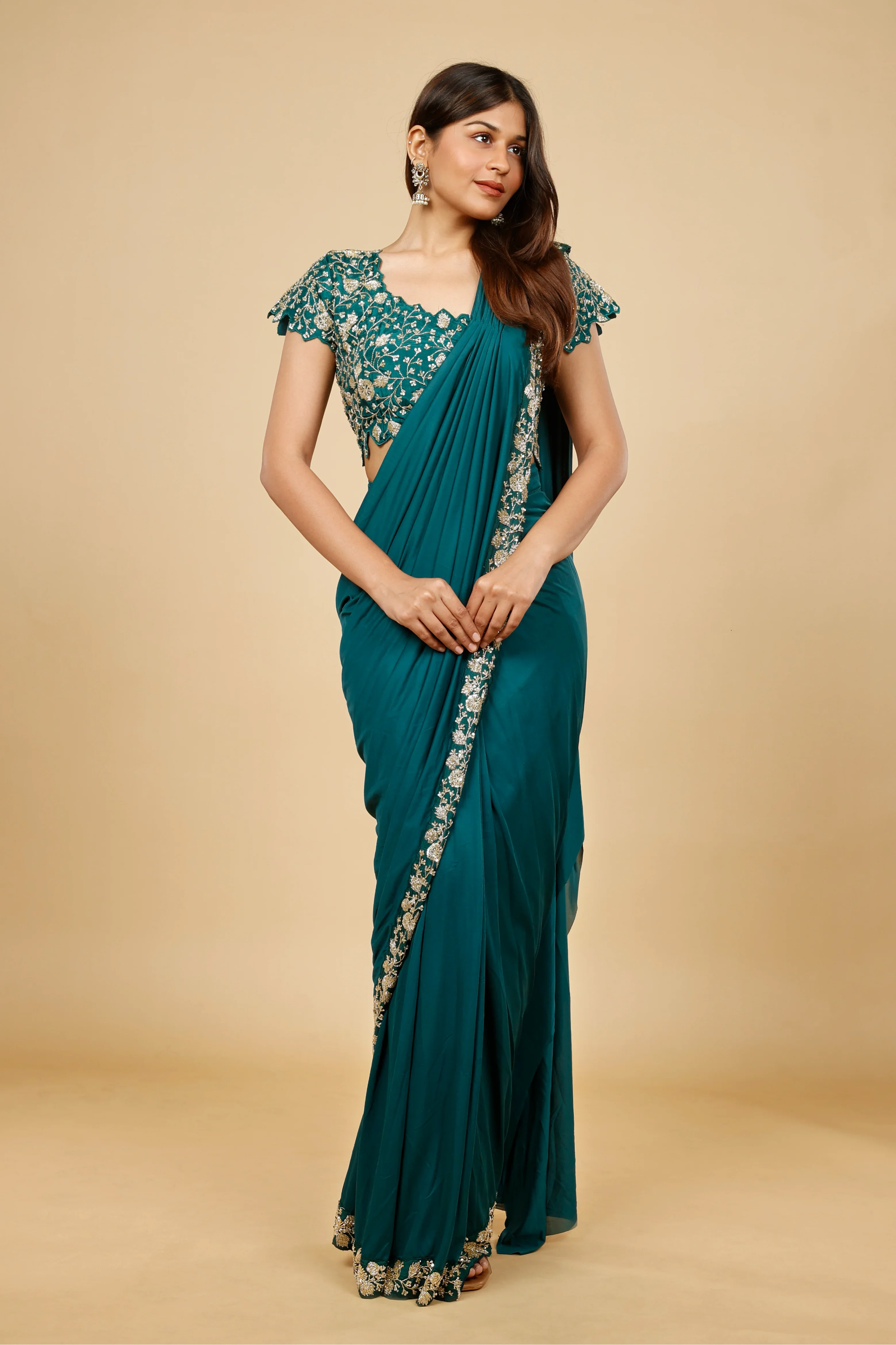 Emerald Green Lycra Silk Drape Saree with Kutdana Embroidery - Mokshaa