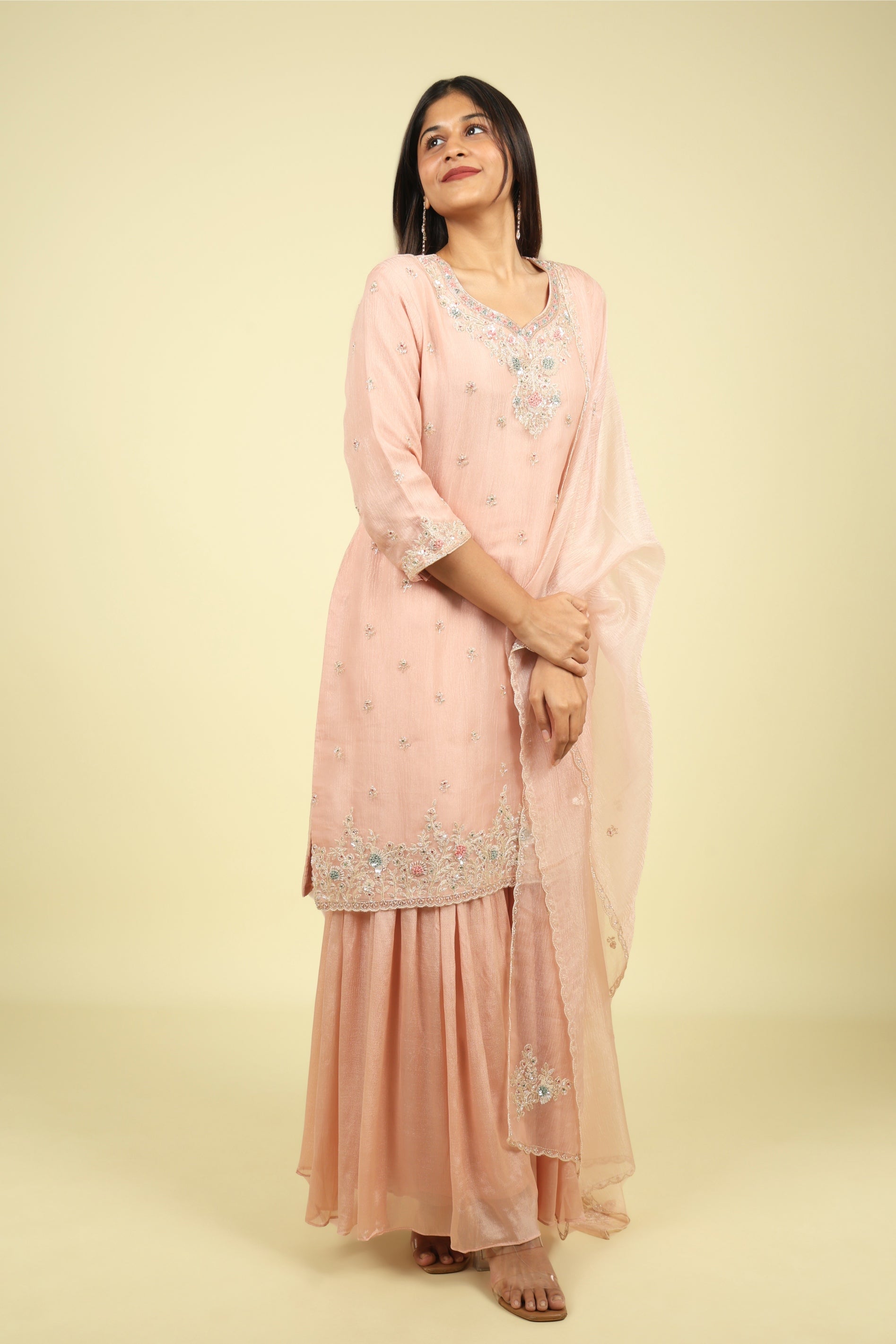 Pink Embroidered Crush Tissue Sharara Set