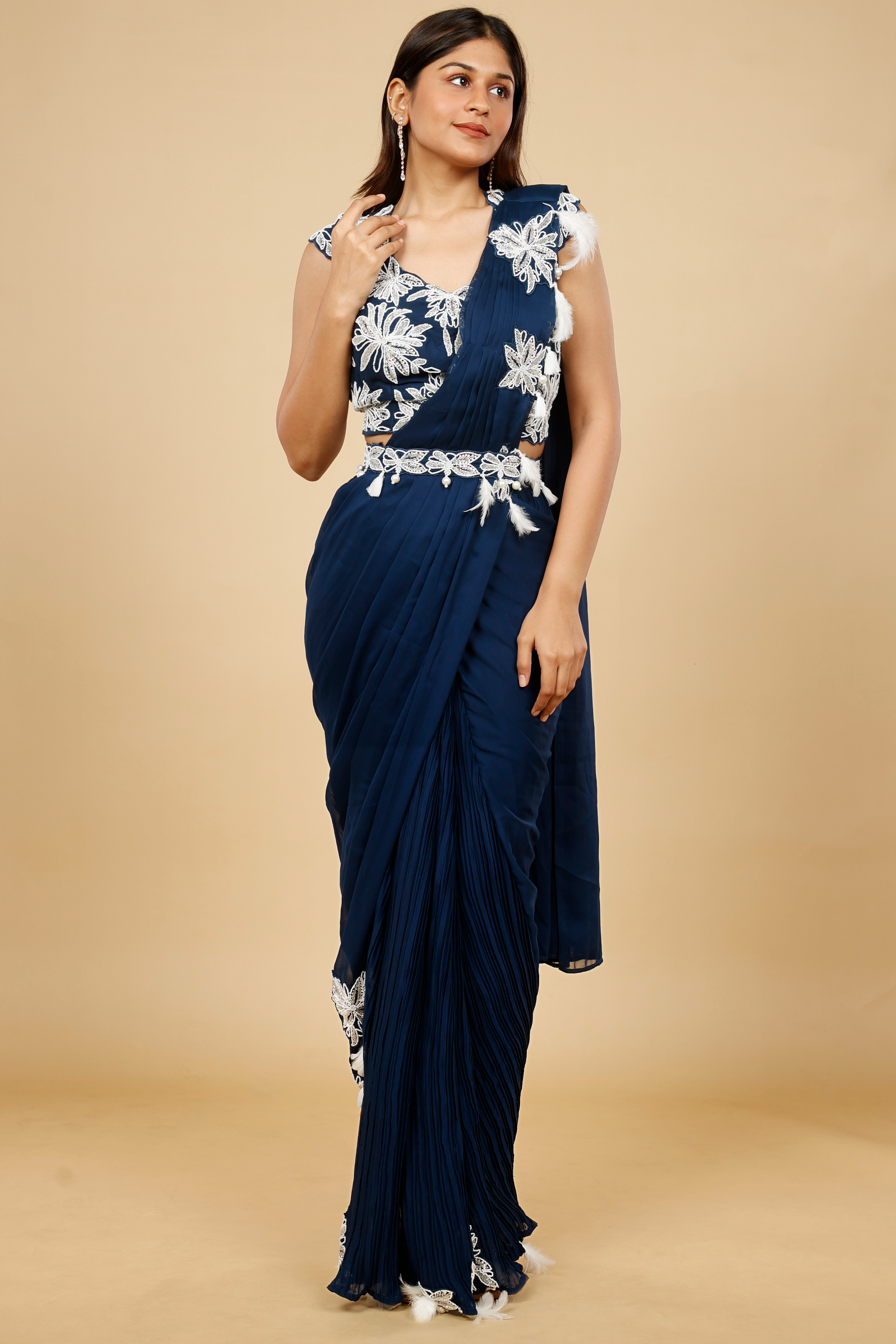 Navy Blue Organza Drape Saree with Kutdana & Pearl Embroidery