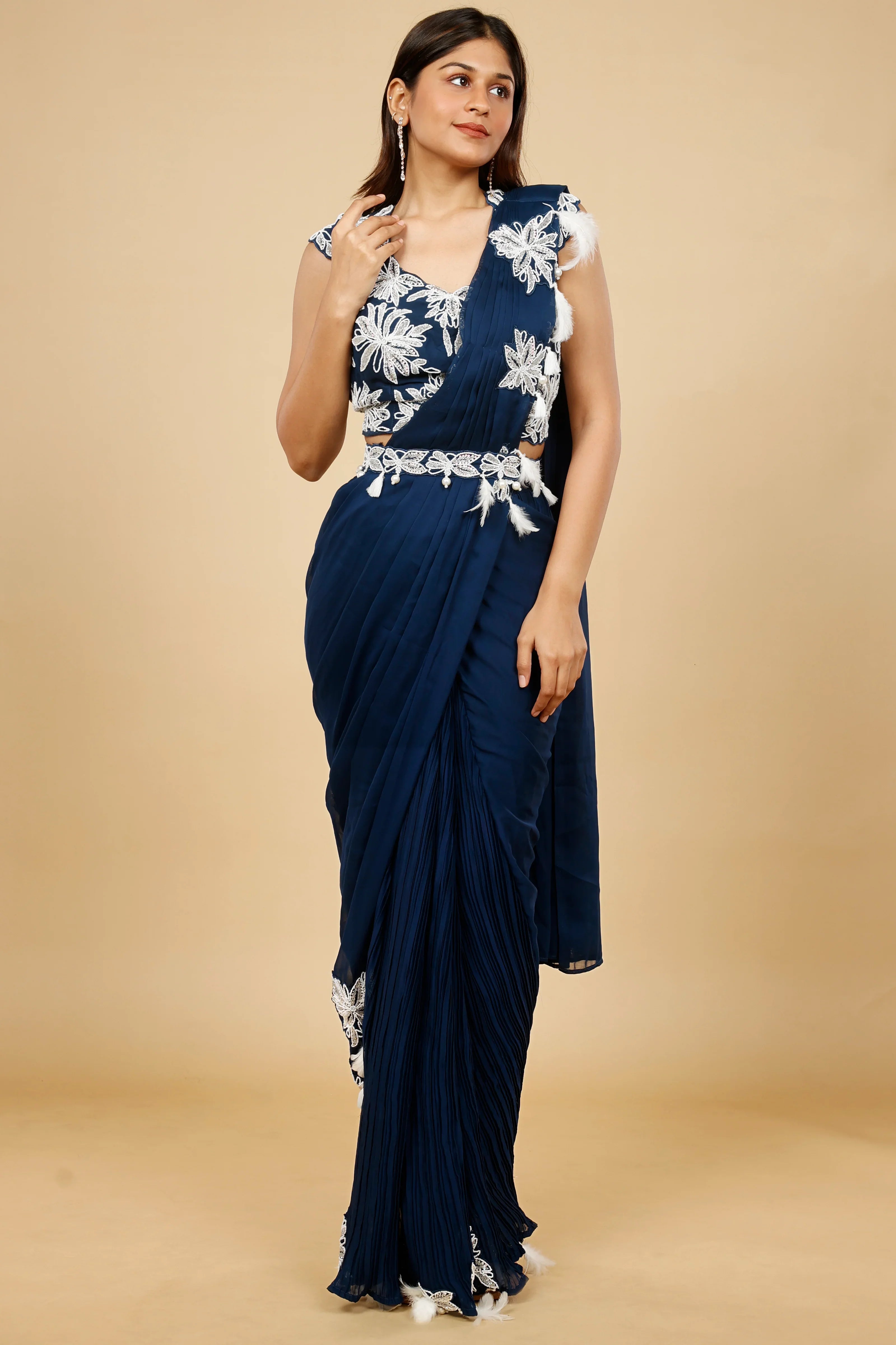 Navy Blue Organza Drape Saree with Kutdana & Pearl Embroidery | Mokshaa