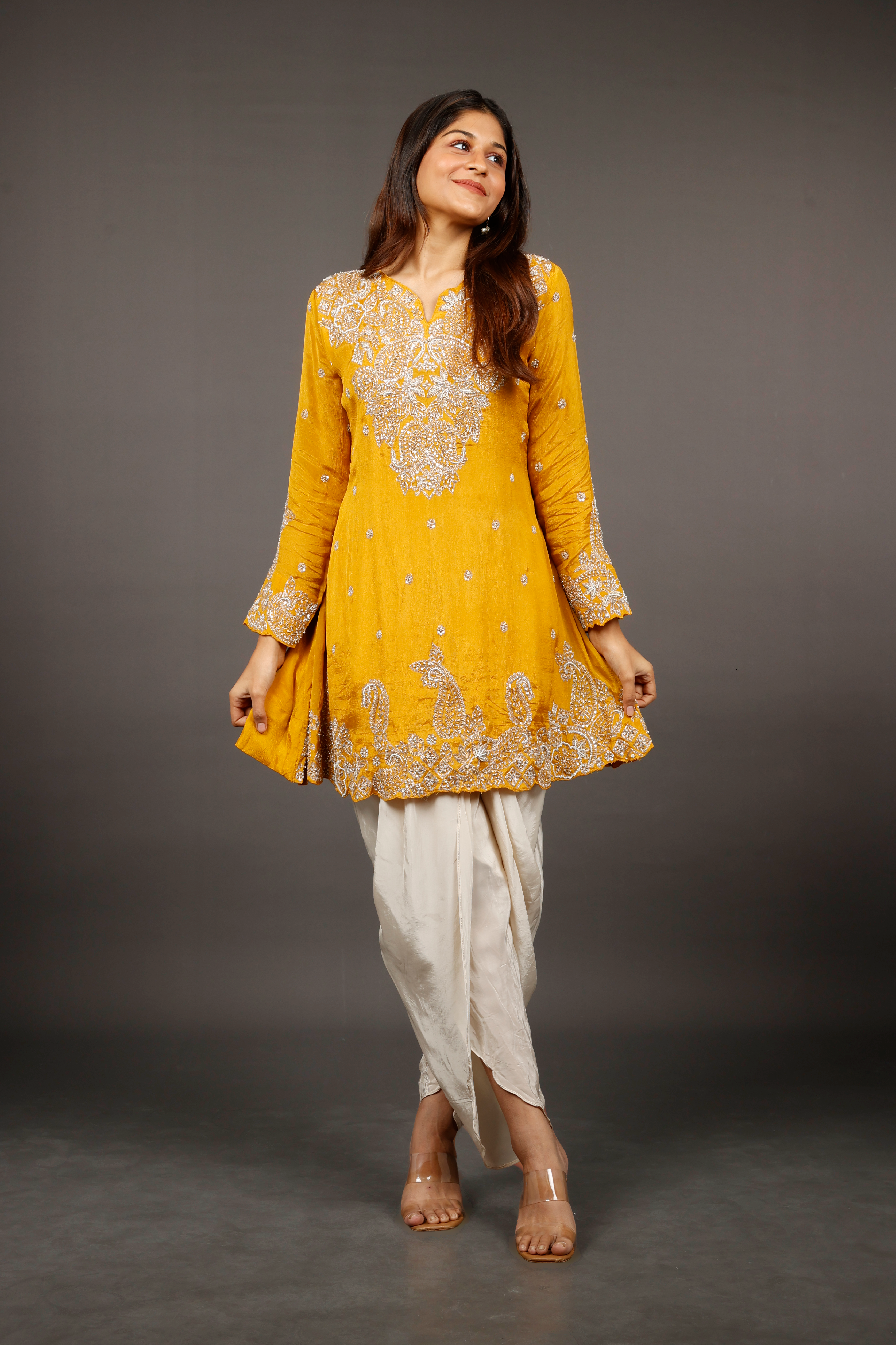 Yellow Chinon Silk Indo-Western Kurta with Cream Dhoti Pants